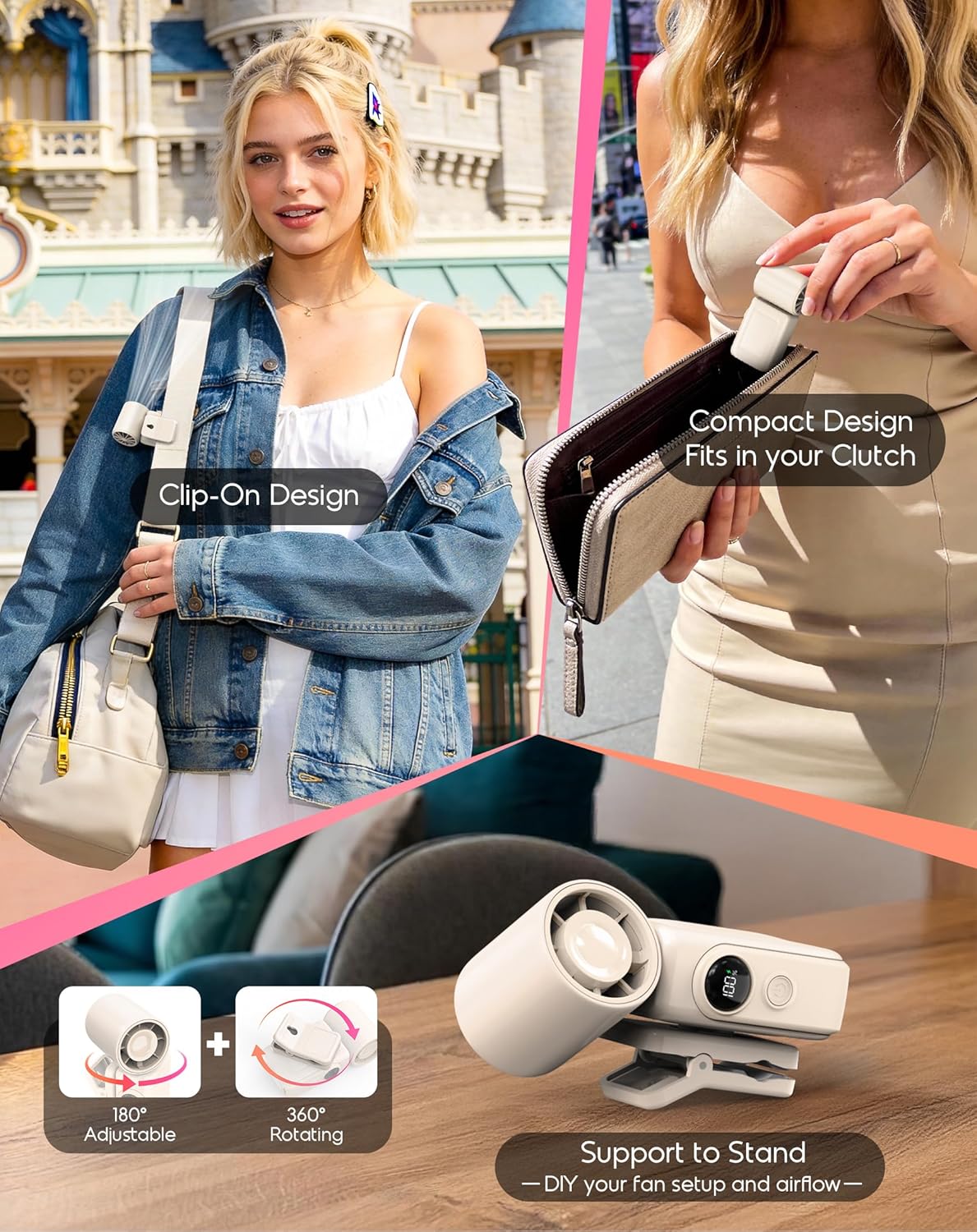 Portable Clip-On Mini Fan, Hands-Free, Turbo Personal Handheld Fans Rechargeable w/ 4 Wind & LED Display, Pocket Size Summer Cooling Essentials for Travel/EyeLash/Beach/Concert, Gifts for Women(Ivory)