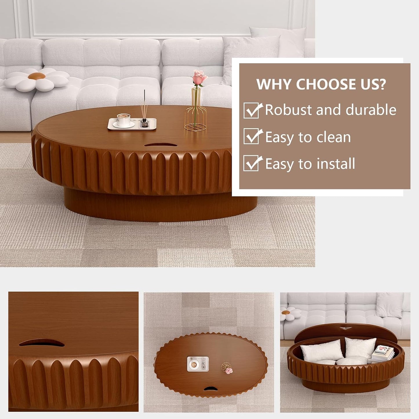 43.3 in Brown Oval Drum Coffee Table with Storage | Modern Oval Fluted Storage Center Table Handcrafted Solid Wood Fluted Edge, Sturdy Oval Base For Living Room, Apartment
