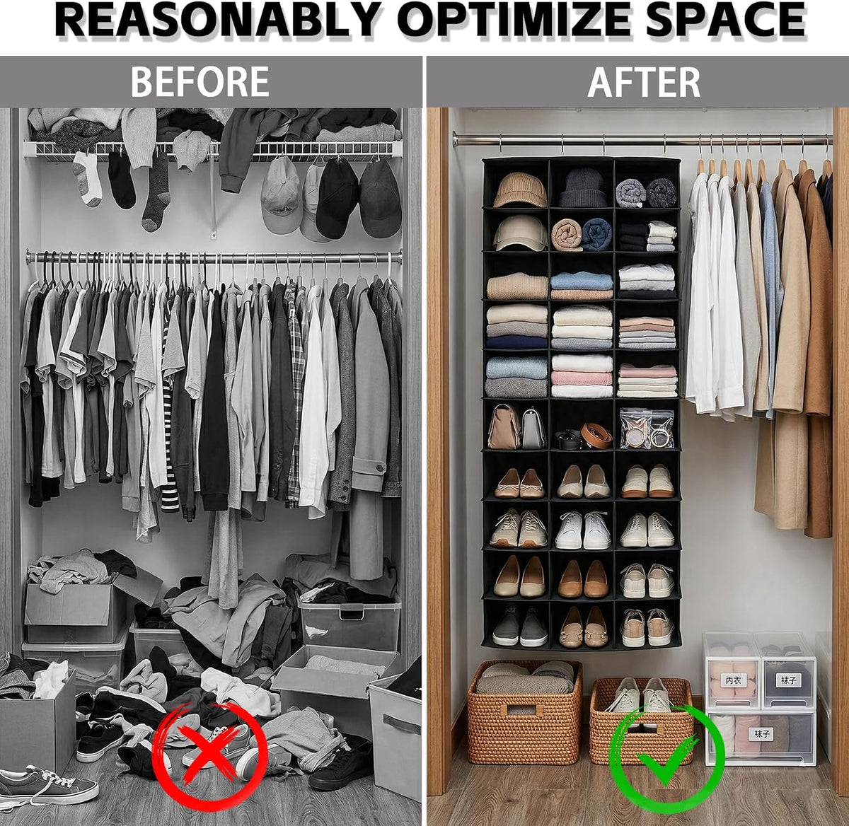 30 Section Hanging Shoe Organizer for Closet, Black