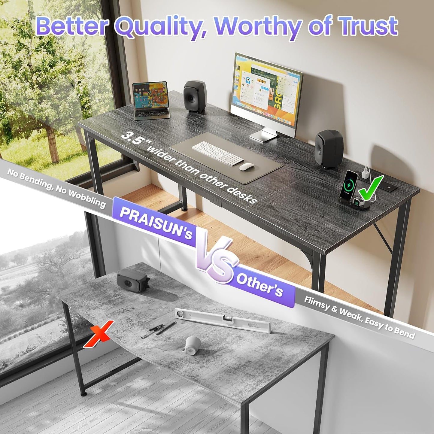 PRAISUN 63 X 24 Inch Office Computer Desk with Power Outlets and USB-C Port, Larger and Longer Gaming Desk, for Home Office, Study, Writing Work from Home Table, Metal Frame, Grey