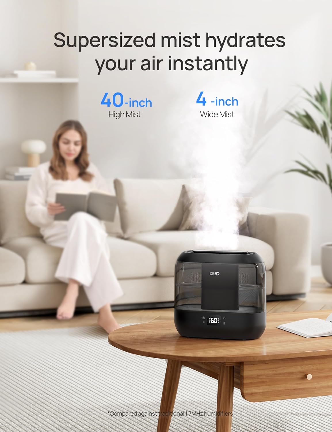 Dreo Smart Humidifiers for Bedroom, Top Fill 4L Supersized Humidifier Large Room with 28 dB, 36H Runtime, Touch/APP/Voice Control, Nightlight, Cool Mist Humidifiers for Baby, Plants, Indoor, Black