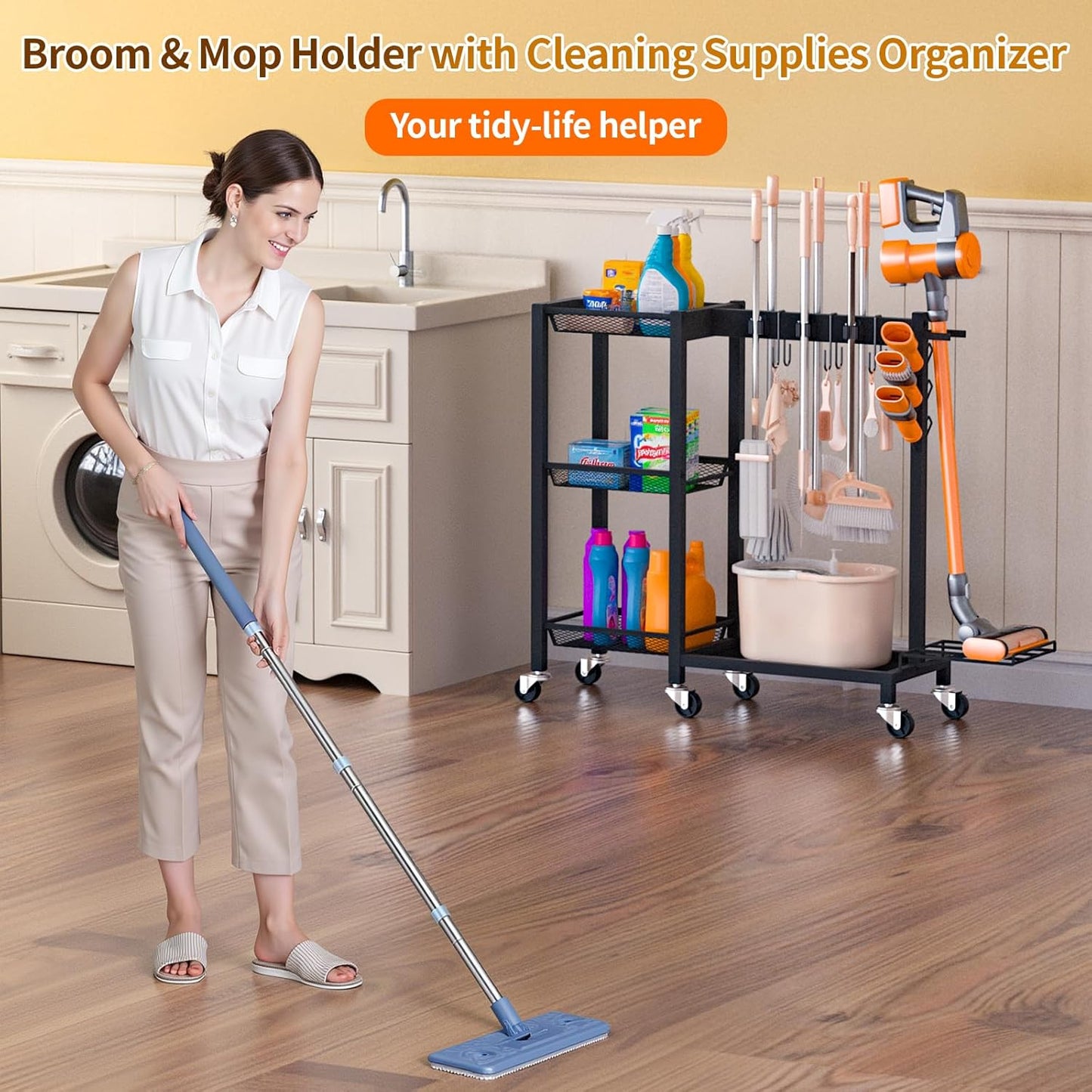 Broom Holder with Cleaning Supplies Organizer Load 350 LBS Cleaning Cart with Wheels Broom Closet Storage with 3-Tier Shelves, 6 Mop Hanger Grippers, 3 Double-Hooks, Vacuum Stand for Laundry Garage
