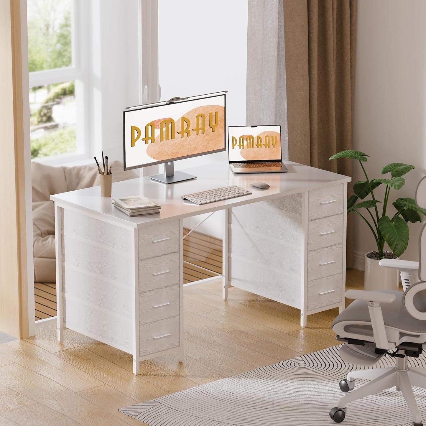 Pamray 47 Inch Computer Desk with 8 Fabric Drawers PC Gaming Desk Home Office Study Work Writing Table for Bedroom White