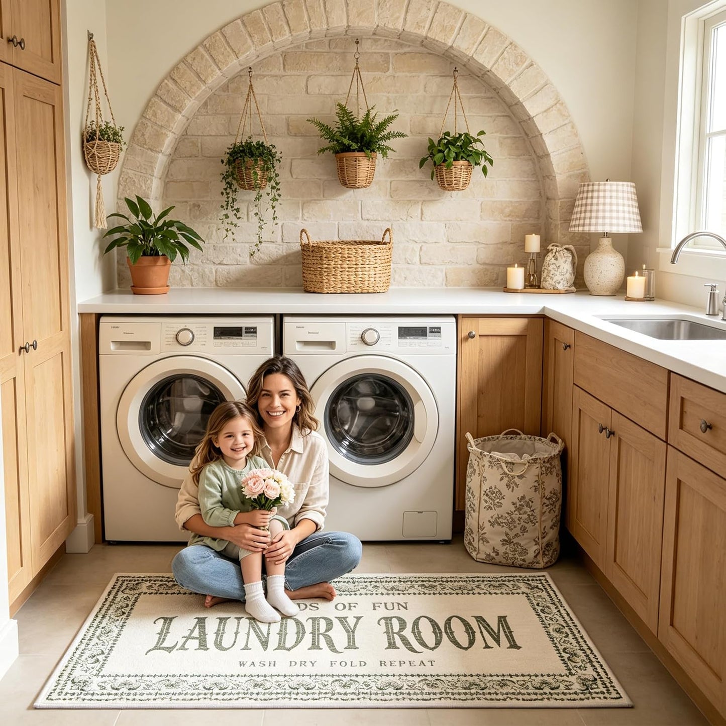 Laundry Room Rug 20"x47", Washable Boho Laundry Runner Rug with Non-Slip TPE Backing, Faux Wool Laundry Mat for Washer and Dryer, Soft Low-Profile Laundry Room Decor Rug for Kitchen, Hallway, Beige
