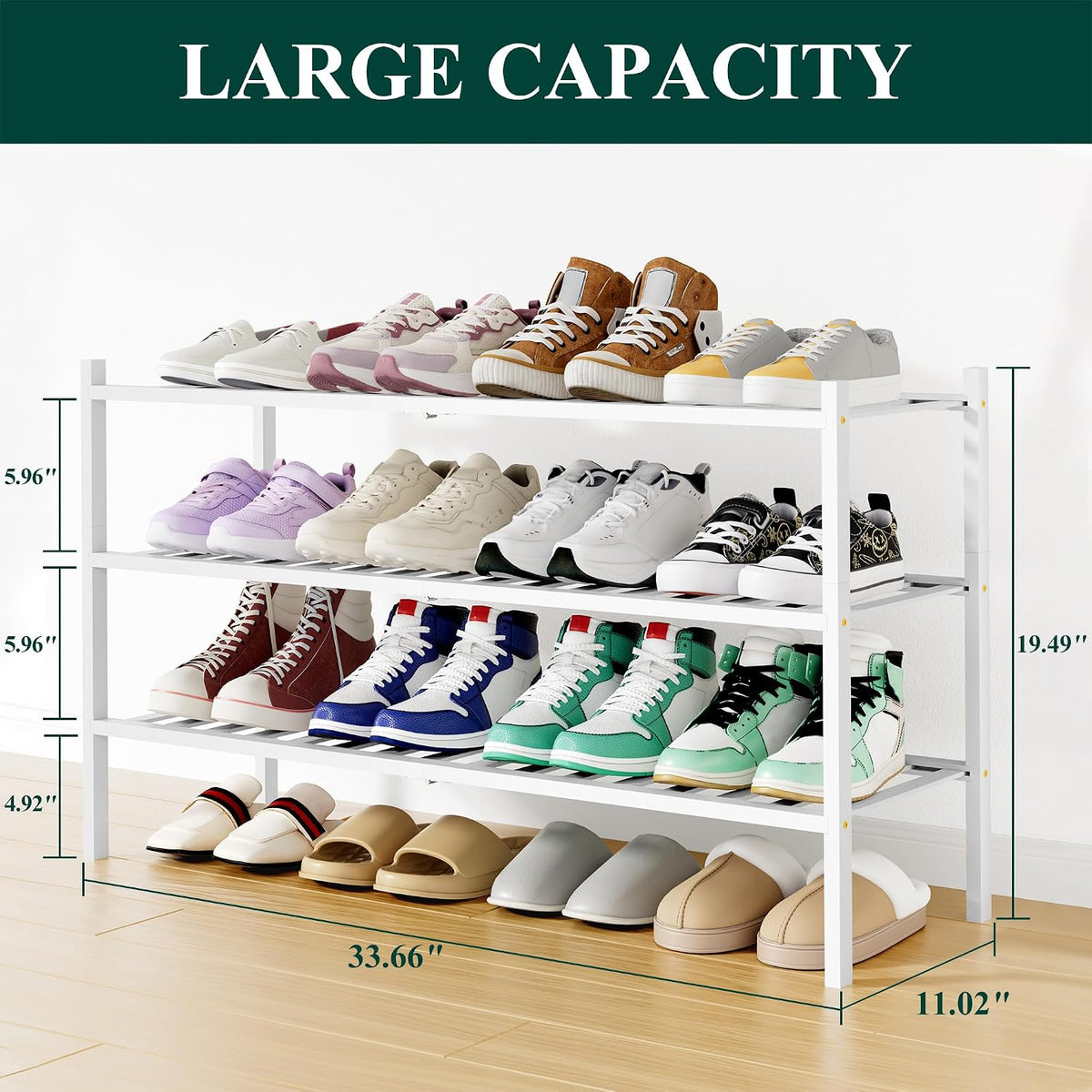 Smiry Bamboo Shoe Rack, 16 Vertical Slats, 3 Tier - 33.7" Wide, White
