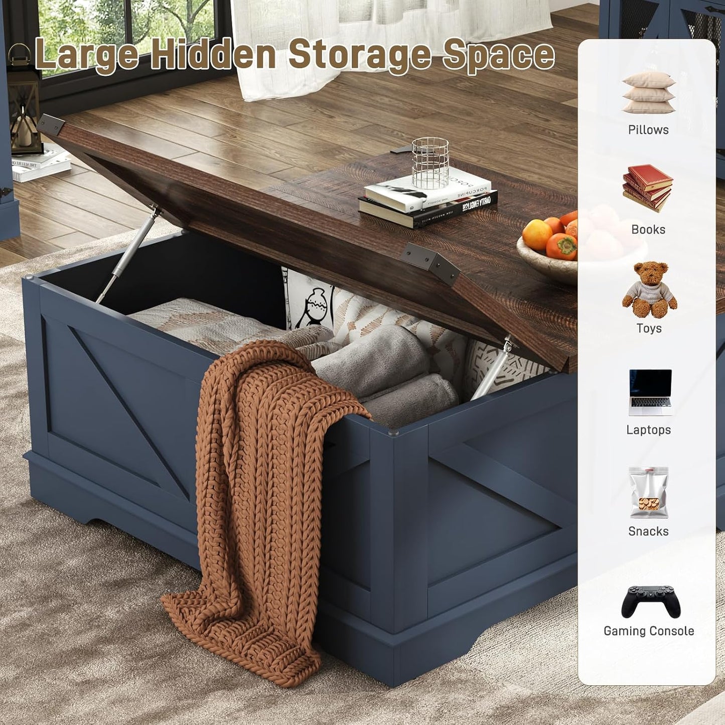 Hlivelood 40” Large Farmhouse Lift Top Coffee Table with Power Outlets and Large Hidden Storage, Square Wood Living Room Tables, Multi-Function Lift Wooden Barn Door Center Table, Blue
