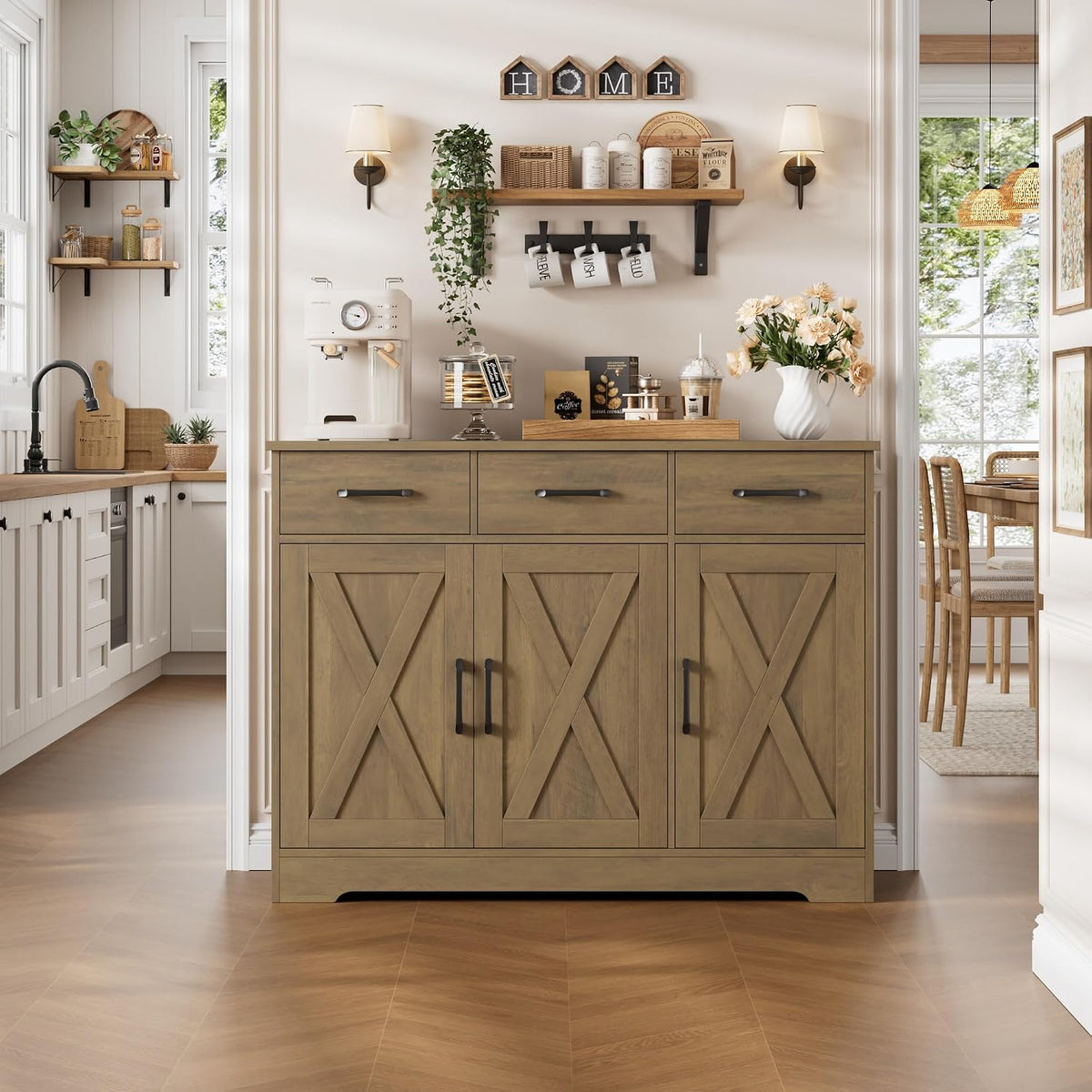 HOSTACK Kitchen Buffet Cabinet with Storage, Sideboard Coffee Bar, Brown | Farmhouse Kitchen Storage Cabinet with 3 Drawers & Adjustable Shelf, 42.5"W Buffet Table for Dining Living Room