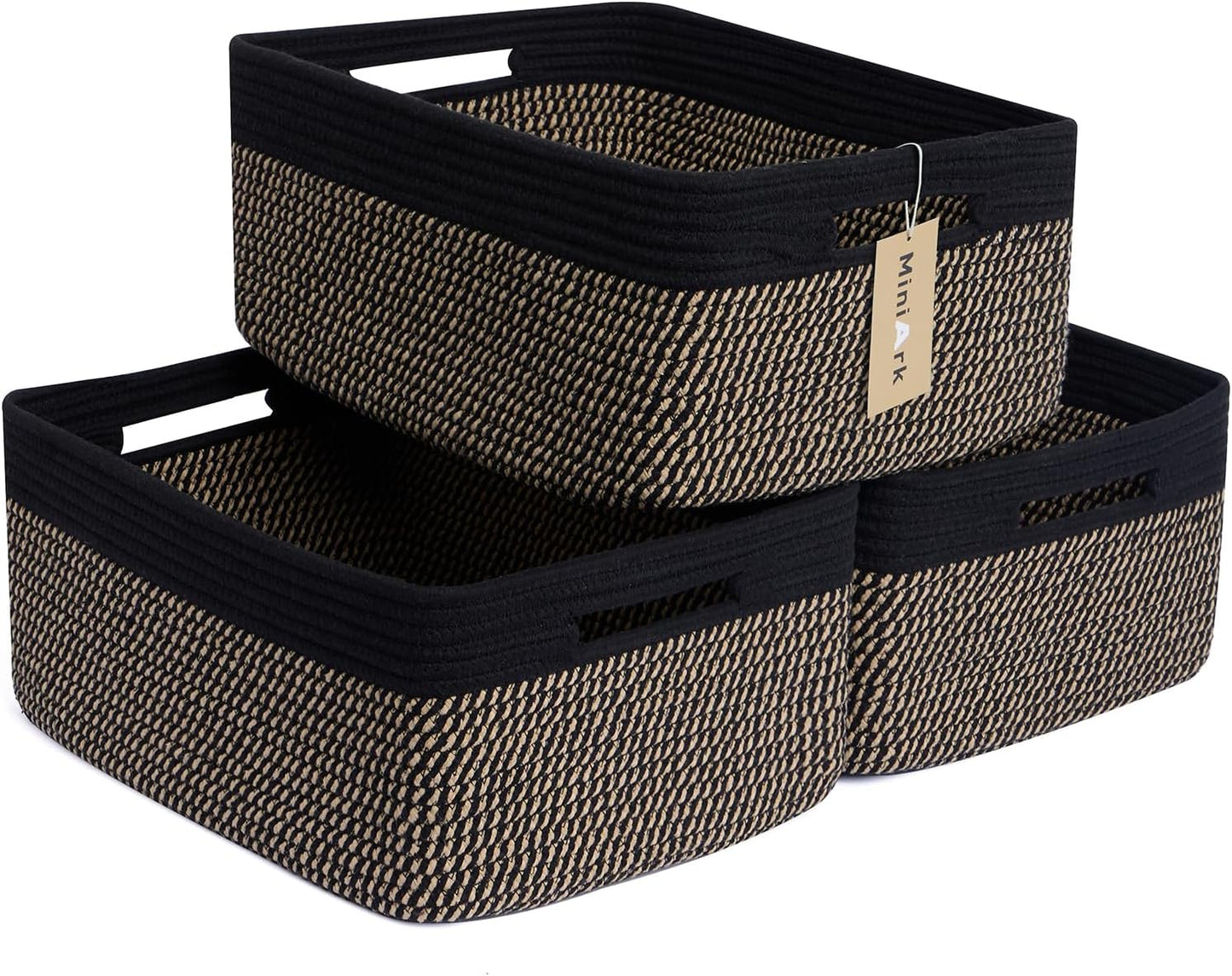 MiniArk Large Storage Baskets for Shelves, 17 x 13 x 7.5” Closet Organizers Bins for Clothes Blanket Towels, Baby Nursery, Toy Baskets Box, Woven Rope Baskets, 3 Packs Woven Brown