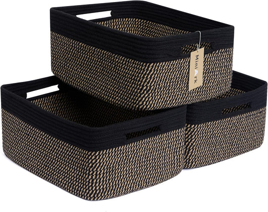 MiniArk Large Storage Baskets for Shelves, 17 x 13 x 7.5” Closet Organizers Bins for Clothes Blanket Towels, Baby Nursery, Toy Baskets Box, Woven Rope Baskets, 3 Packs Woven Brown