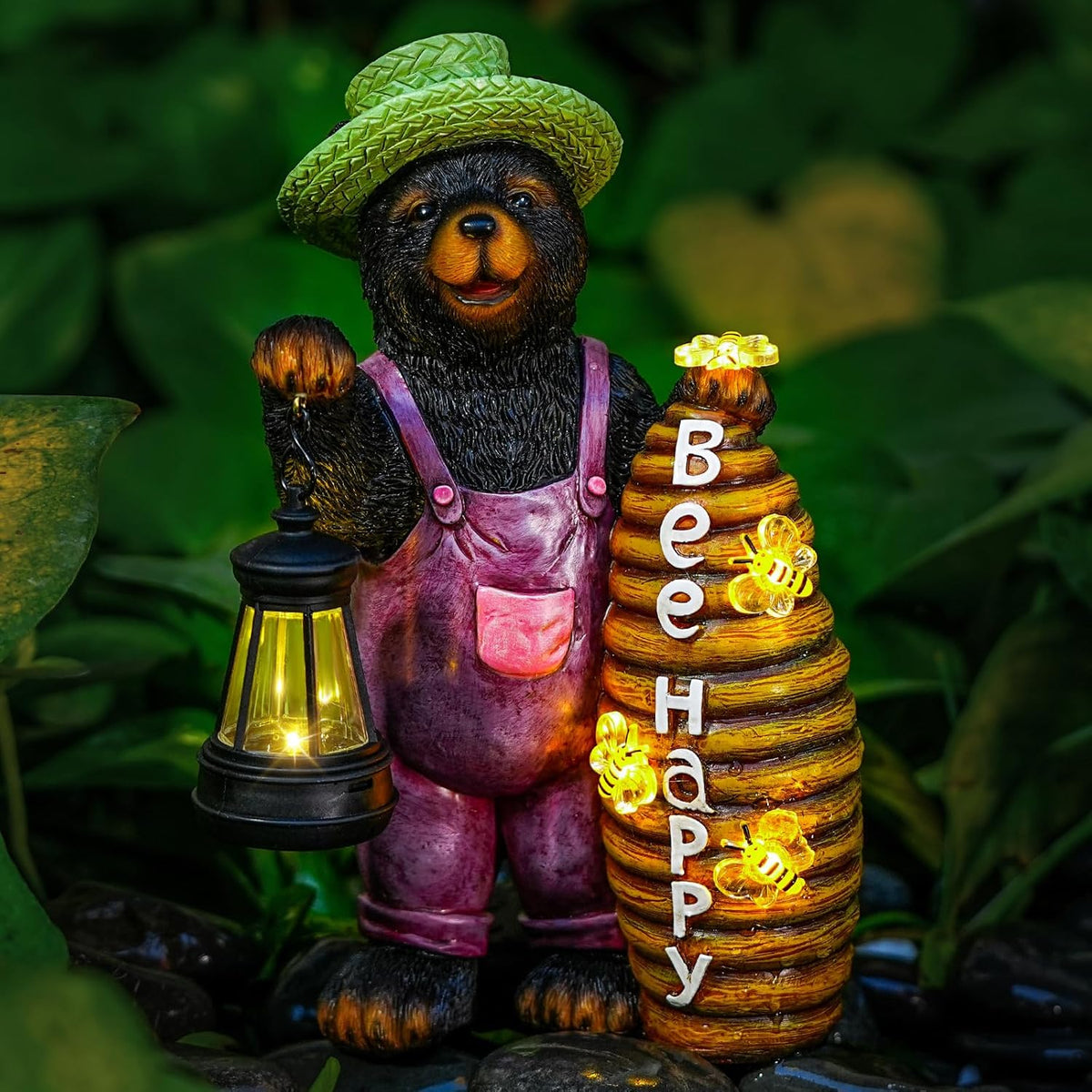 Joint Honglin Honey Bear Garden Statue with Lighted Beehive & Lantern