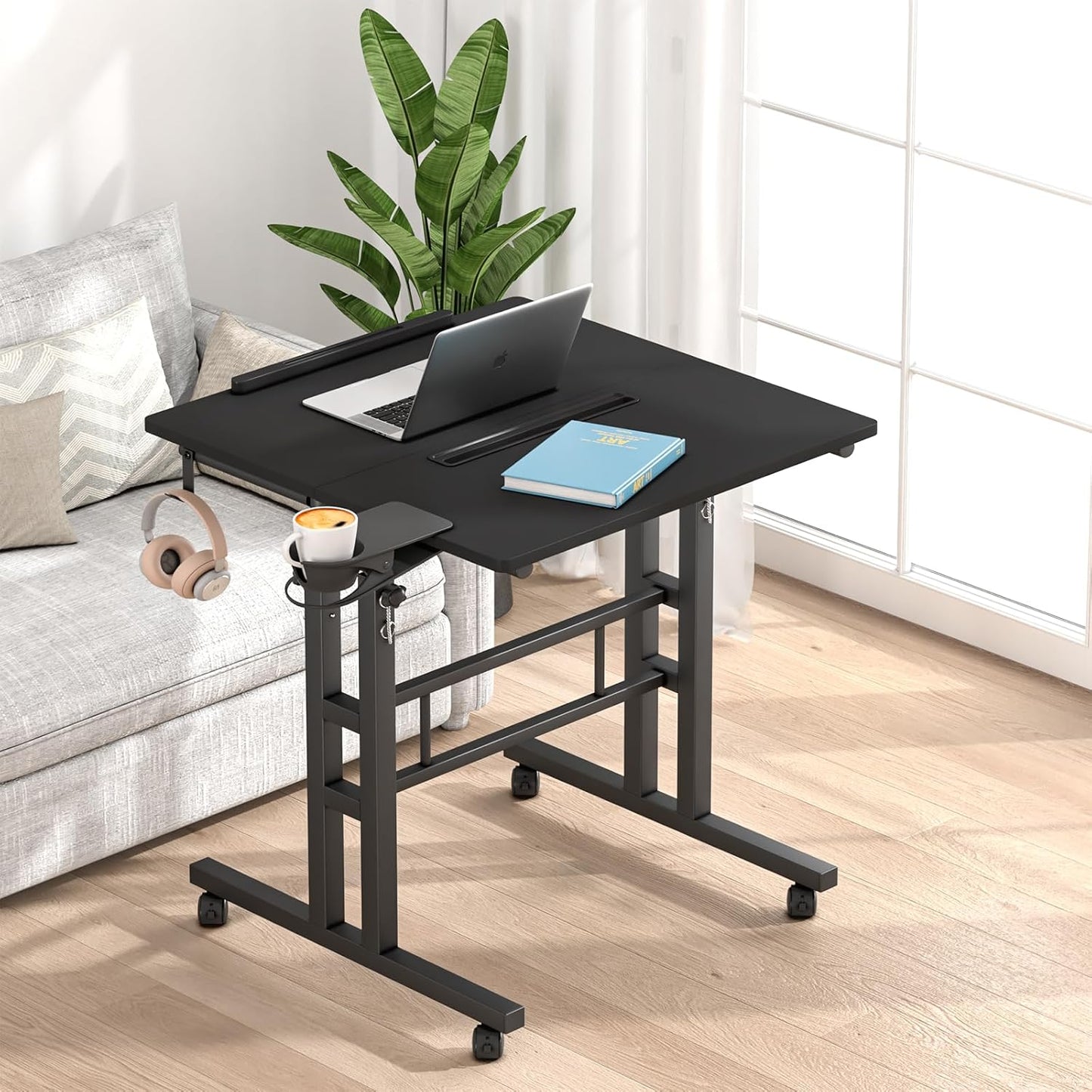 Klvied Height Adjustable Mobile Standing Desk, Tiltable Laptop Desk with Cup Holder & Hook, Portable Rolling Desk with Lockable Casters, Home Office Workstation for Standing/Sitting, Black