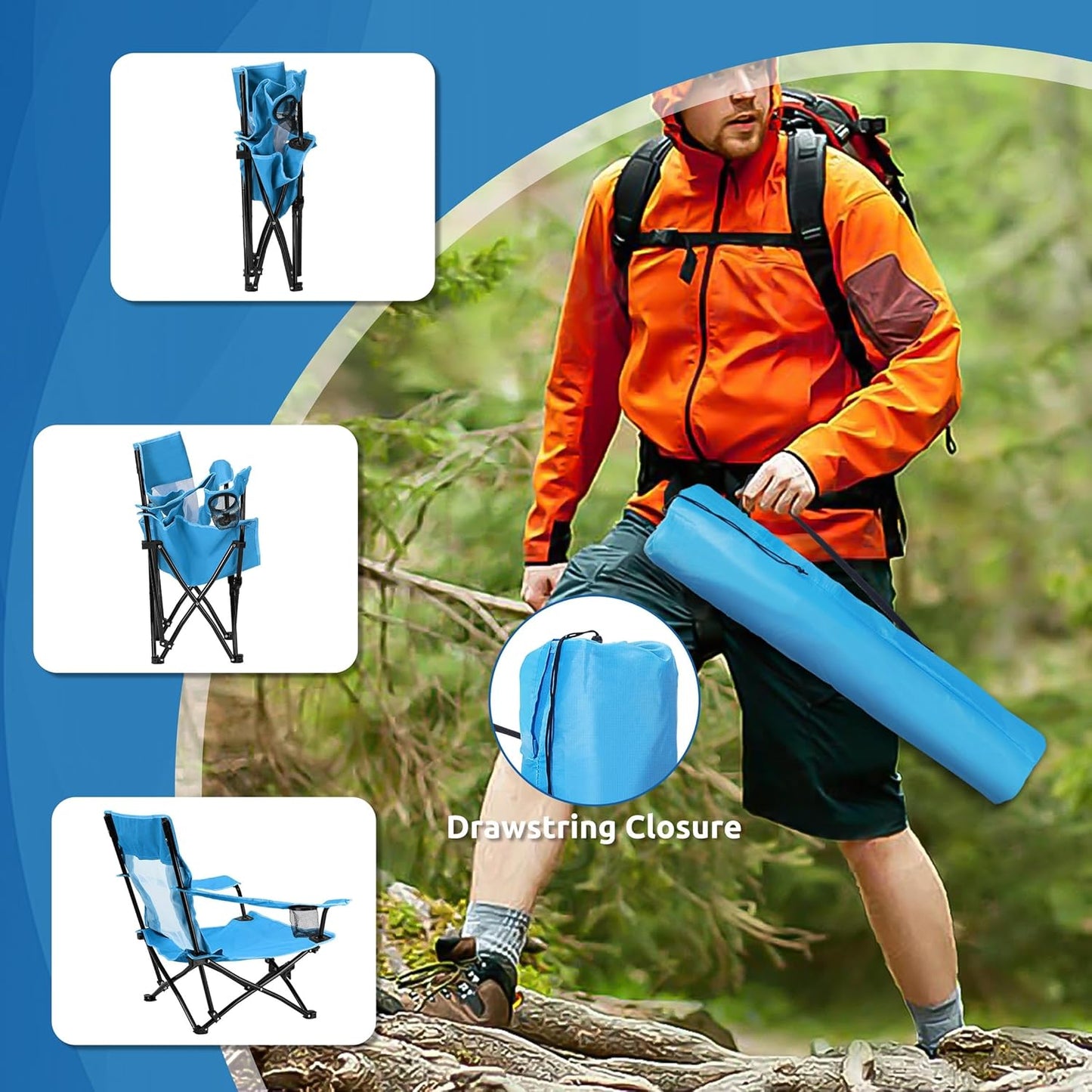 HaSteeL Folding Beach Chair, Foldable Blue Camping Chairs for Outside, Low Beach Chair Portable for Adults Fishing, Picnic, Outdoor BBQ, Travel, Sports, Cup Holder & Storage Bag
