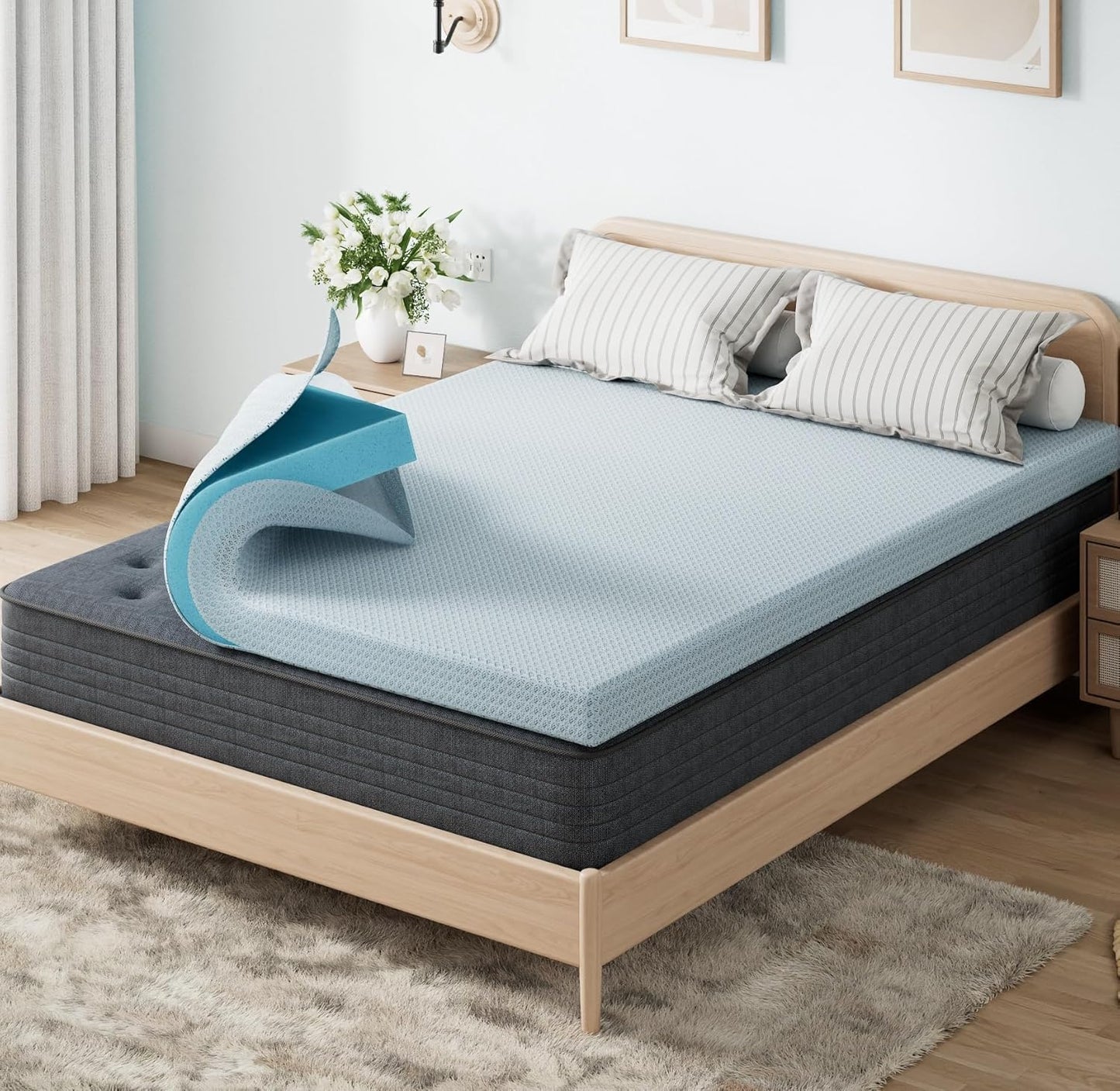 OhGeni 2 Inch Queen Memory Foam Mattress Topper Pad with Cover, Soft Bed Cover with Anti-Slip Base, Enhanced with Cooling Gel，Premium Comfort for Sleep & Back Pain Relief, Removable & Washable