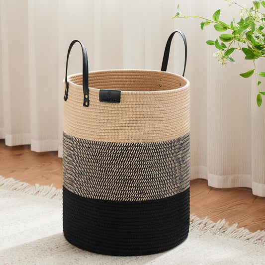VIPOSCO 53L Tall Woven Rope Laundry Hamper, Leather Handles, Brown & Black