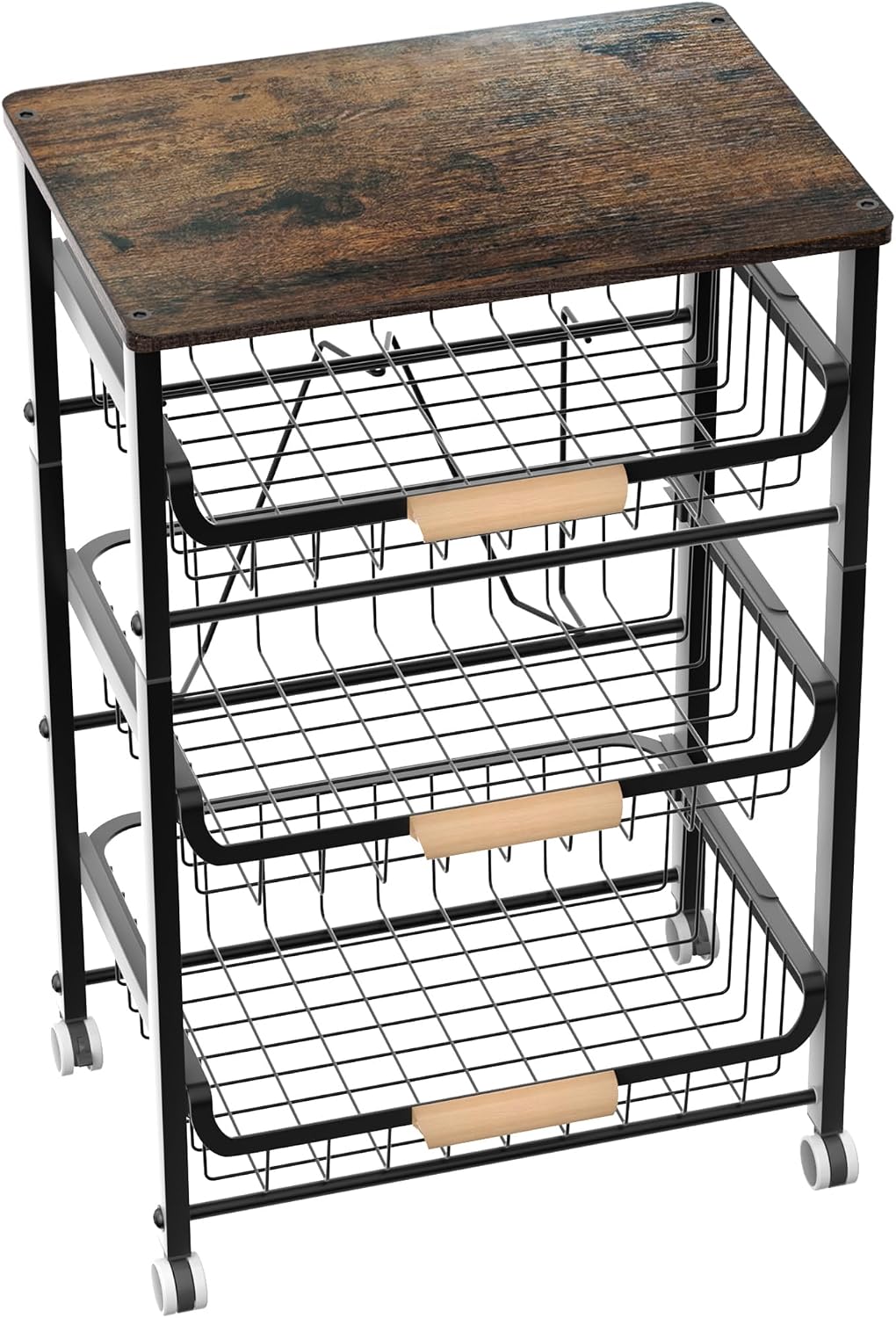 NiuYichee 3-Layer Kitchen Fruit Storage Basket Snack Rack, countertop Storage Rack, Stackable Storage Rack with Desktop, Pull-Out Hollow Metal Storage Basket with Handle, Kitchen Organizers & Storage