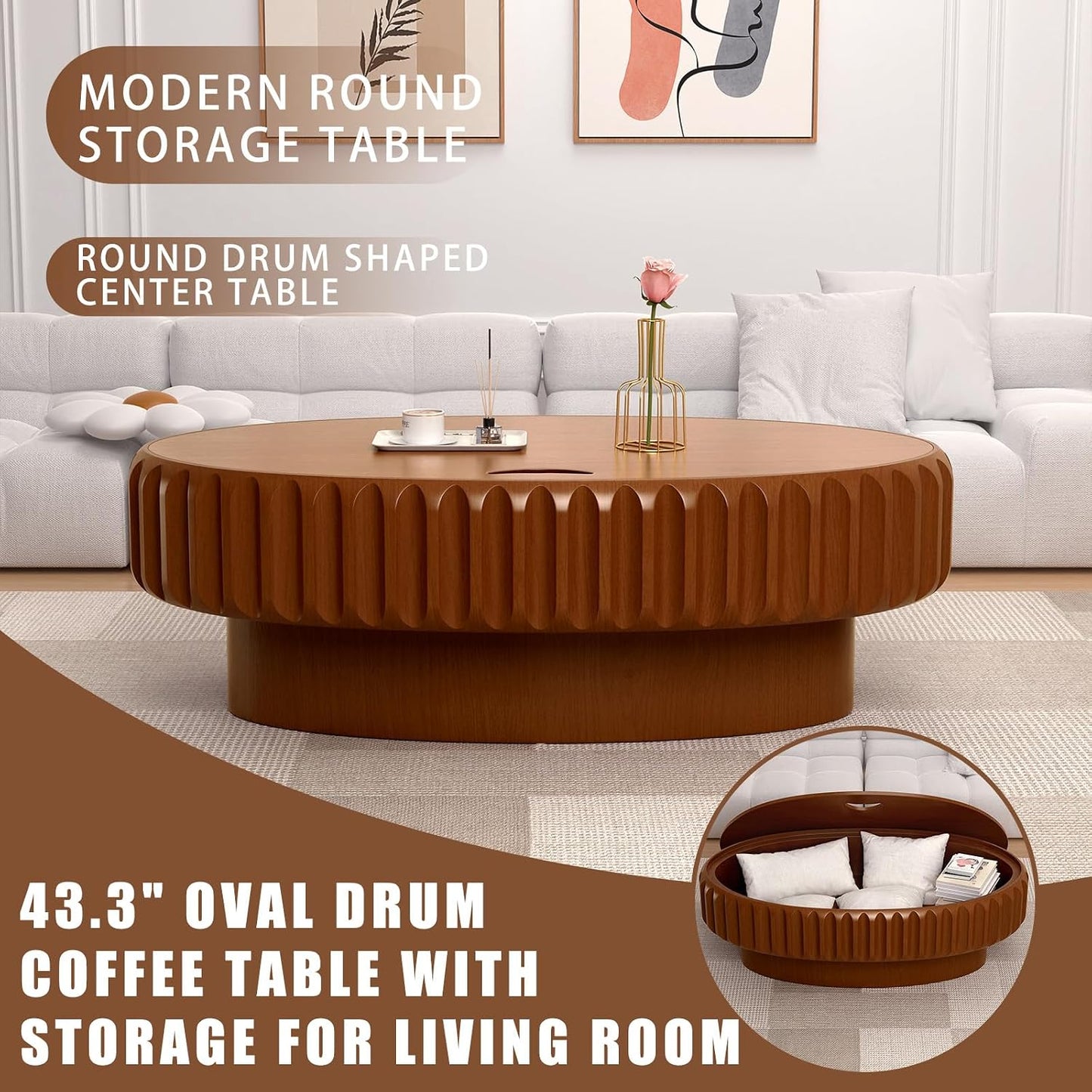 43.3" Oval Fluted Coffee Table with Hidden Storage (Brown 43.3) | Oval Wooden Coffee Table with Solid Wood Veneered, Gear Center Table, Drum Tea Table for Living Room Apartment