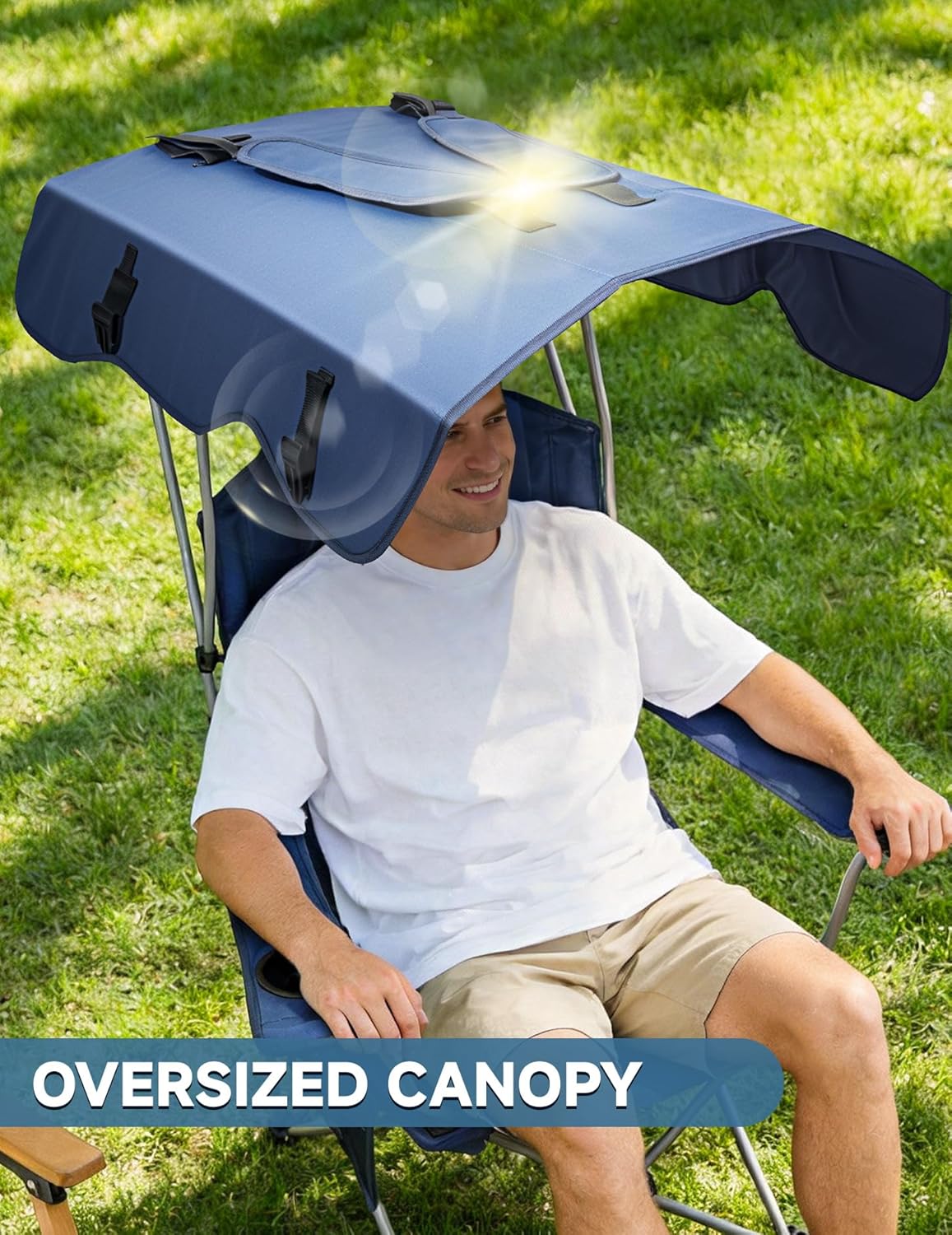 East Oak Camping Chair with Canopy | 25" High Back Folding Beach Chair with Canopy Shade, Supportive Headrest, Cup Holder, Side Pocket, 330 lbs Canopy Chairs for Outdoors Sports