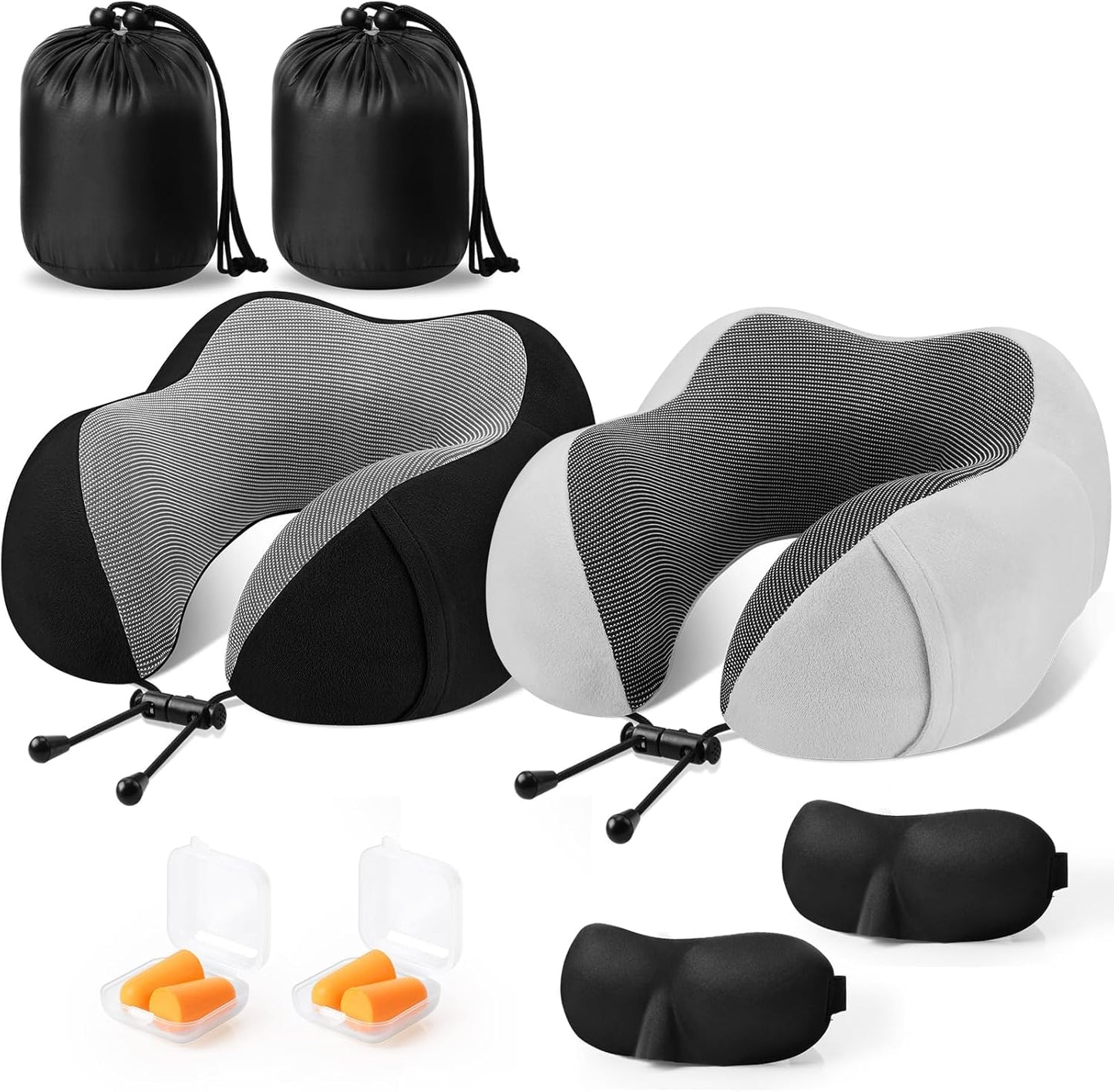 CloudBliss Travel Pillow for Airplane, Set of 2 Memory Foam Neck Pillow for Travel, Travel Neck Pillow for Long Flight, Car & Office, Trip Accessories with Eye Mask, Earplugs, Carry Bag, Black & Black