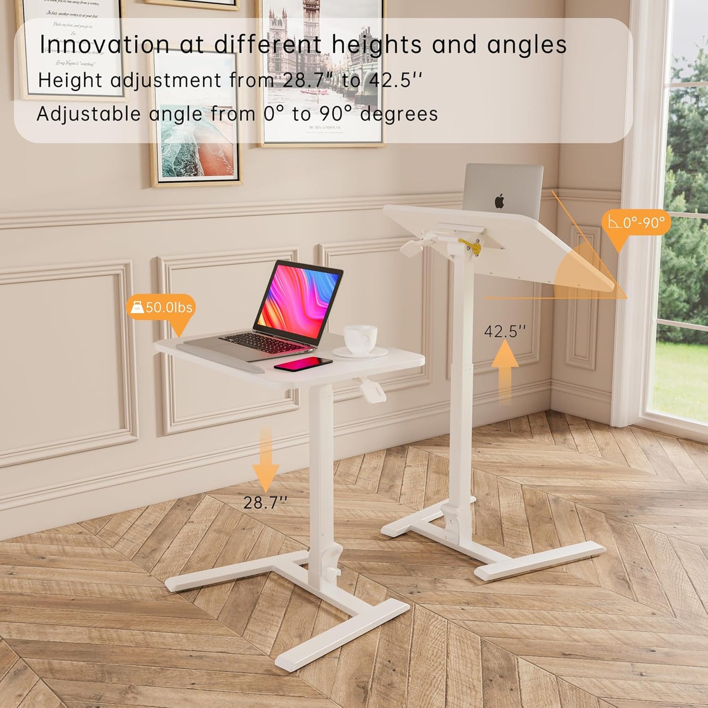 alawooder 25 Inch Mobile Folding Desk - No Assembly, Pneumatic Sit-Stand, 29-42" Height Adjustable Rolling Laptop Desk with Hidden Wheels, 0-90° Tilt Top for Home Office, Craft & Study