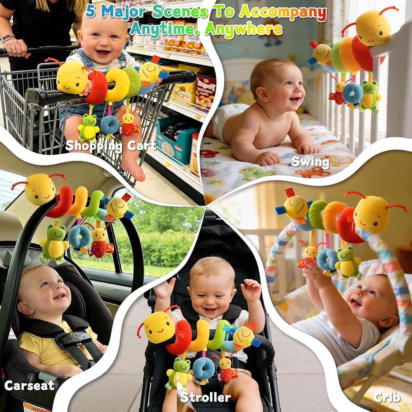 Spiral Car Seat Toys - Baby Sensory Soft Plush Hanging Toys for 0-12 Months Stroller Crib Accessories, Essentials for Expecting Moms & Baby Shower Registry Gift