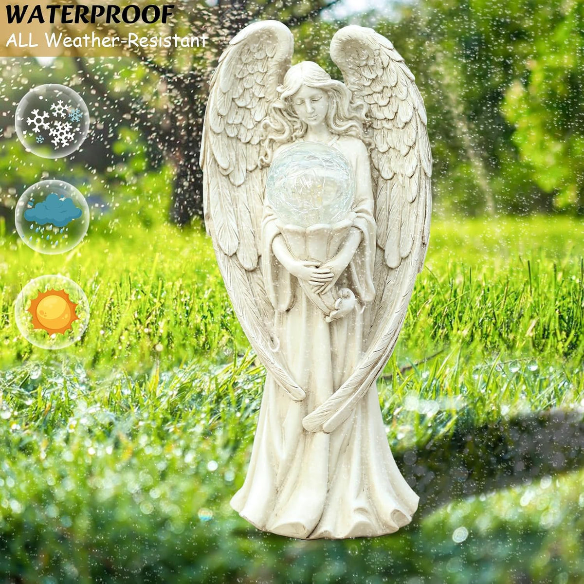 Garden Angels Outdoor Statue, Solar Angel with Crackled Glass Globe Outdoor