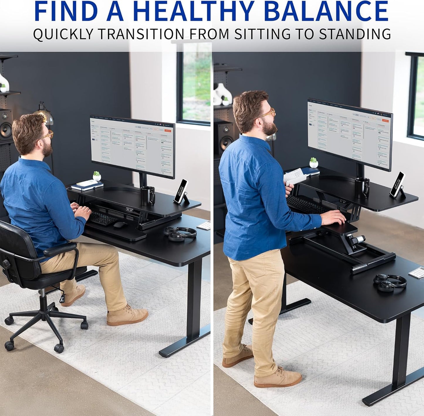 VIVO 42 inch Electric Motor Desk Converter, Height Adjustable Riser, Sit to Stand Dual Monitor and Laptop Workstation with Wide Keyboard Tray, Black, DESK-VE42B