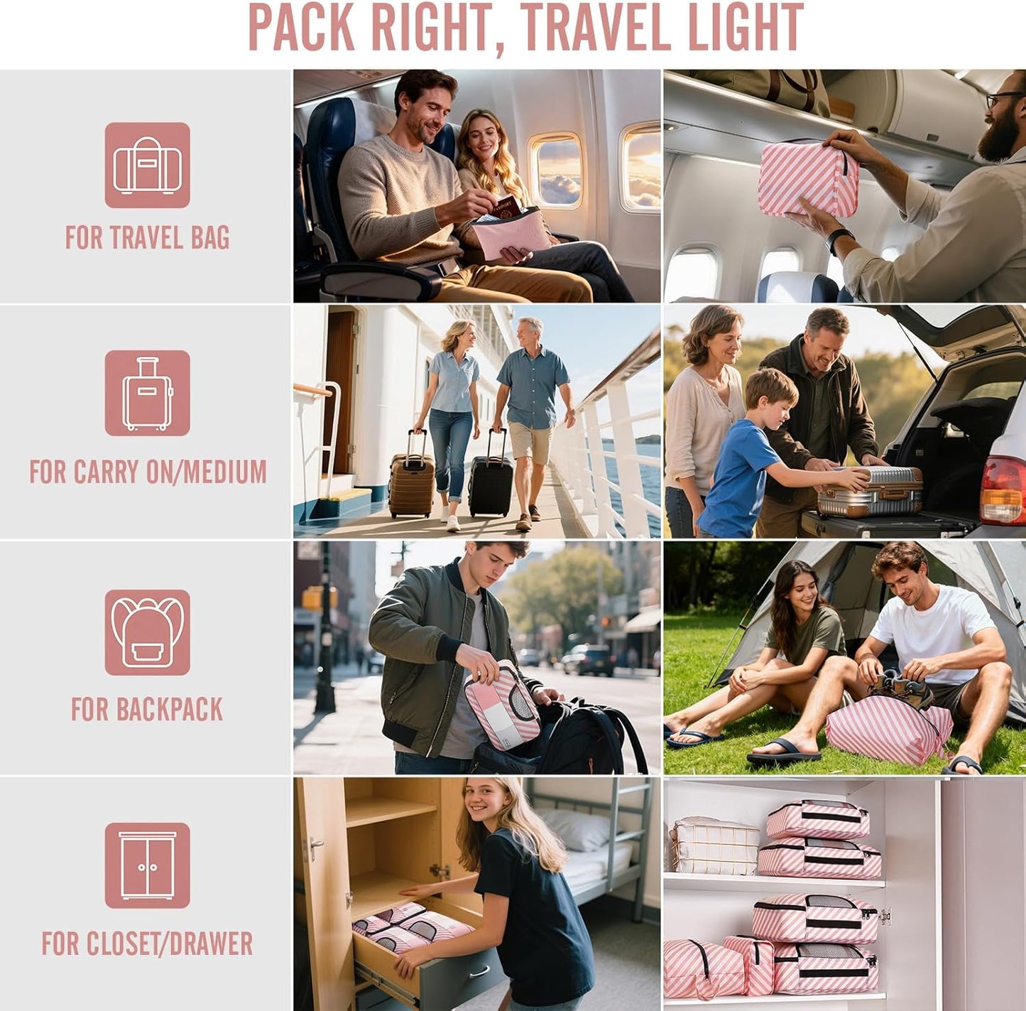 Veken 8 Set Packing Cubes for Travel Essentials, Suitcase Organizer Bags in 4 Sizes, Carry-On Luggage Accessories with Laundry Bag, Airplane Must Have, Gifts for Women Men