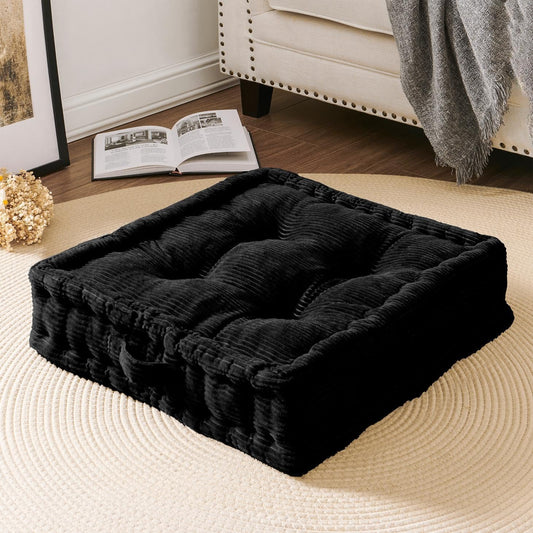 Wellsin Square Floor Pillows for Adults Kids - Meditation Floor Pillow Seating Cushion - Tufted Floor Cushion with Shredded Foam & Velvet Cover, 1 Pack, 20x20 Inch, Black