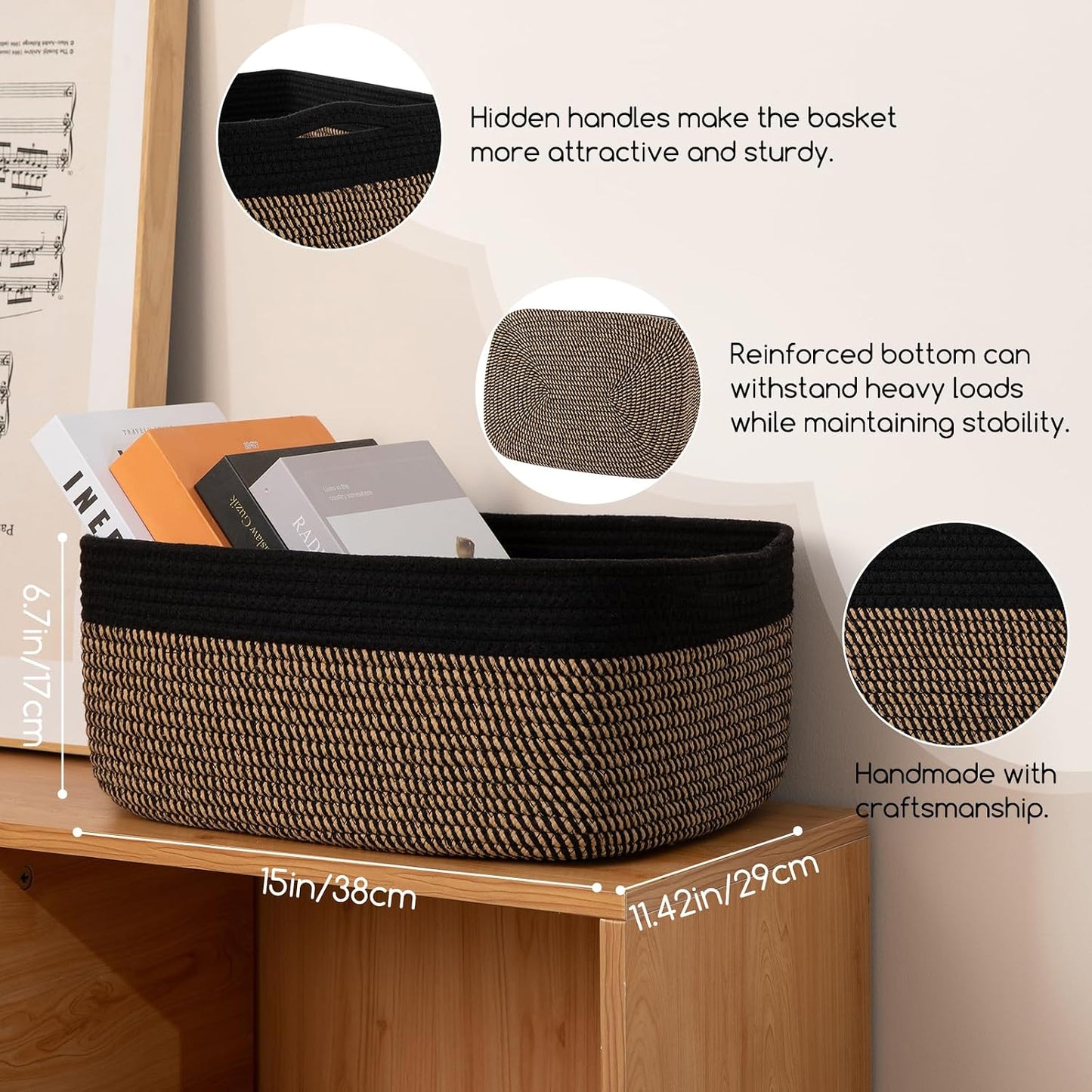 OIASKET Storage Baskets for Organizing 3 Pack, Woven Baskets for Shelves, | Closet Organizer Bins with Handle, Empty Gift Basket, Toy Storage for Toys, Blankets, Towels, Clothes, Books, 15"x11.42"x6.7"