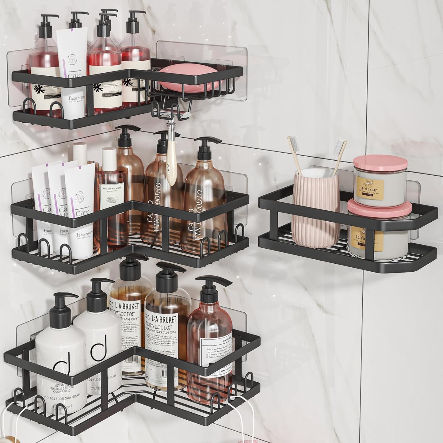 Youvip Shower Caddy Corner with Soap Holder, No Drilling Shower Shelves-Rustproof, Adhesive Shower Organizer Corner for Dorm. Black, 4-Pack
