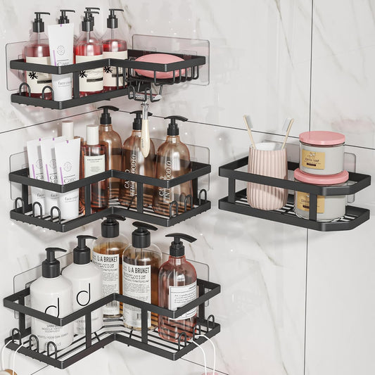 Youvip Shower Caddy Corner with Soap Holder, No Drilling Shower Shelves-Rustproof, Adhesive Shower Organizer Corner for Dorm. Black, 4-Pack