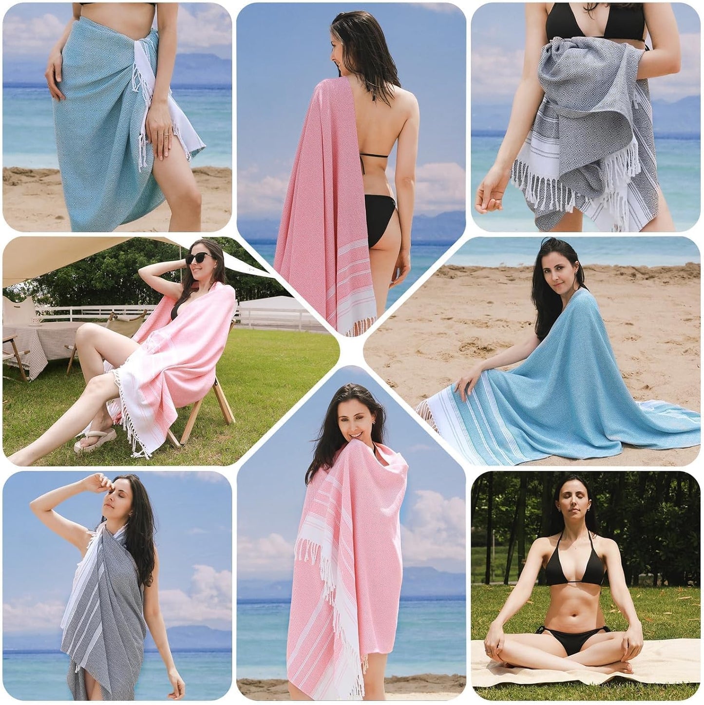 Genovega 6 Packs Oversized Turkish Beach Towels Set Bulk 74"x38" Extra Large Quick Dry Sand Free Light Swim Bath Camping Pool Towel Travel Blanket Essentials Cruise Accessories Adult Vacation Stuff