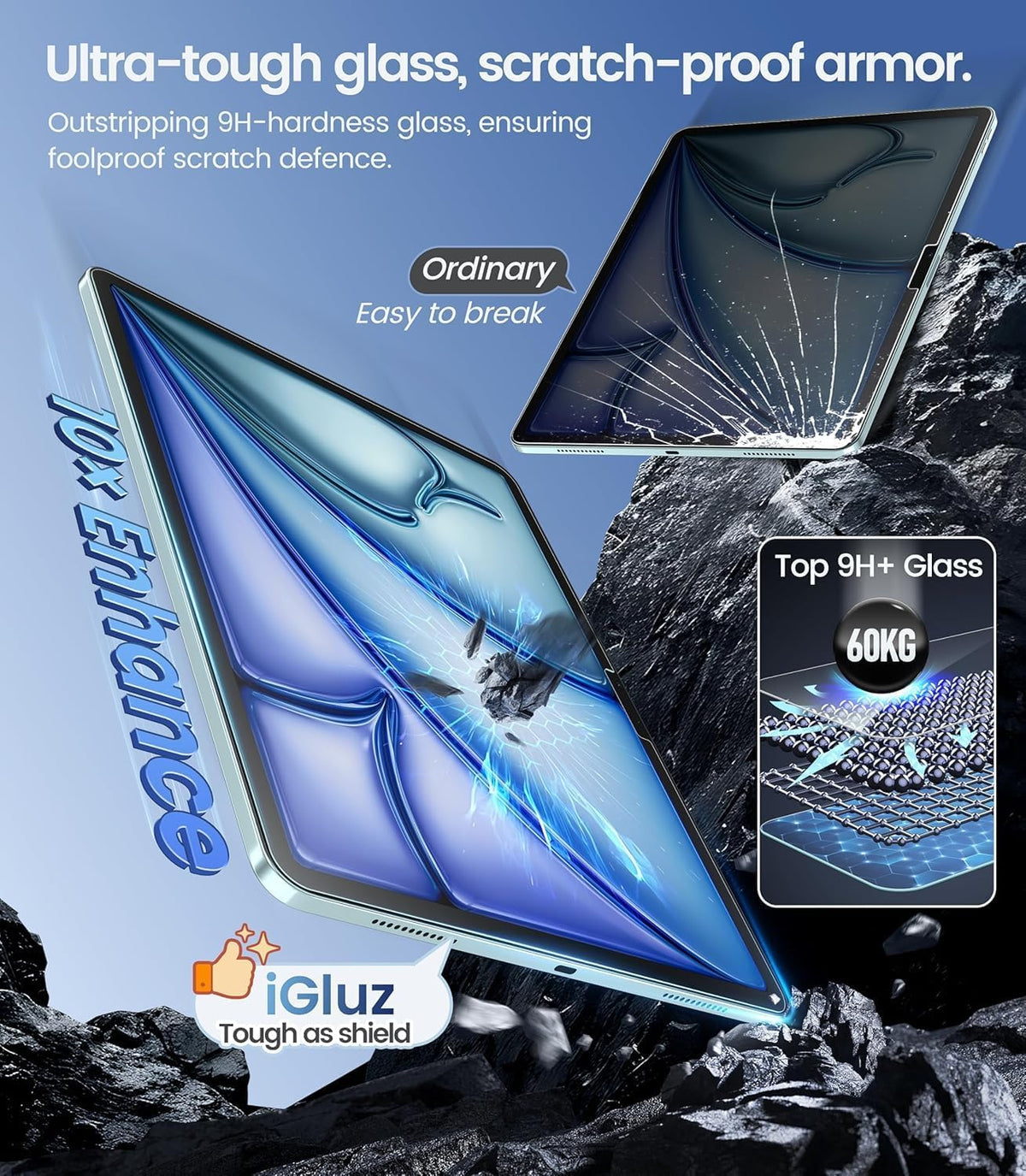 iGluz 2 Pack Screen Protector for iPad Air 13-in M4/M3/M2 2026/2025/2024 9H+ Tempered Glass Screen Protector with Easy-Install Box,Bubble Free,[12FT Military Grade Shatterproof] HD Clarity