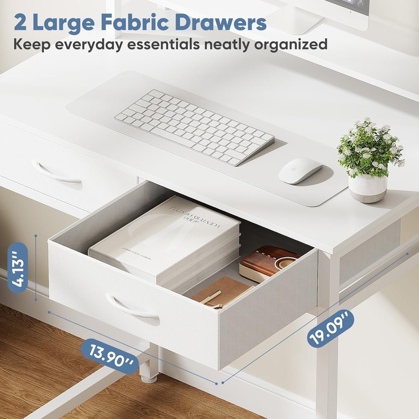DUMOS 31.5" x 19.7" Compact Computer Desk with Monitor Stand and 2 Drawers, Small Writing Desk with Drawers for Home Office, Study Table for Small Spaces, White