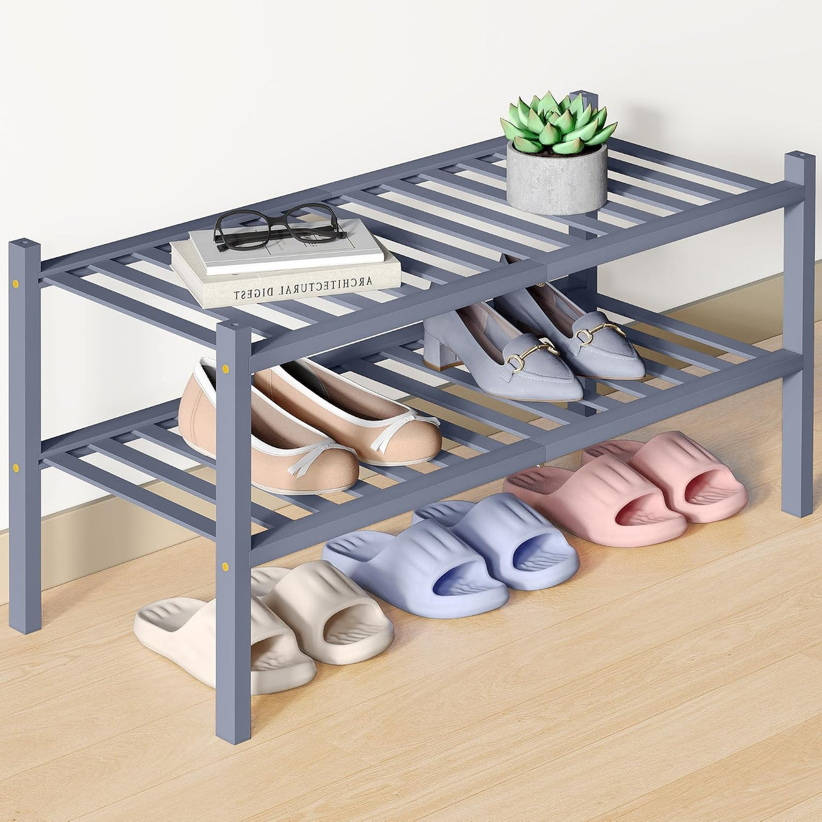 Smiry Bamboo Shoe Rack for Closet, 2 Tier - 26.77" Wide, Grey