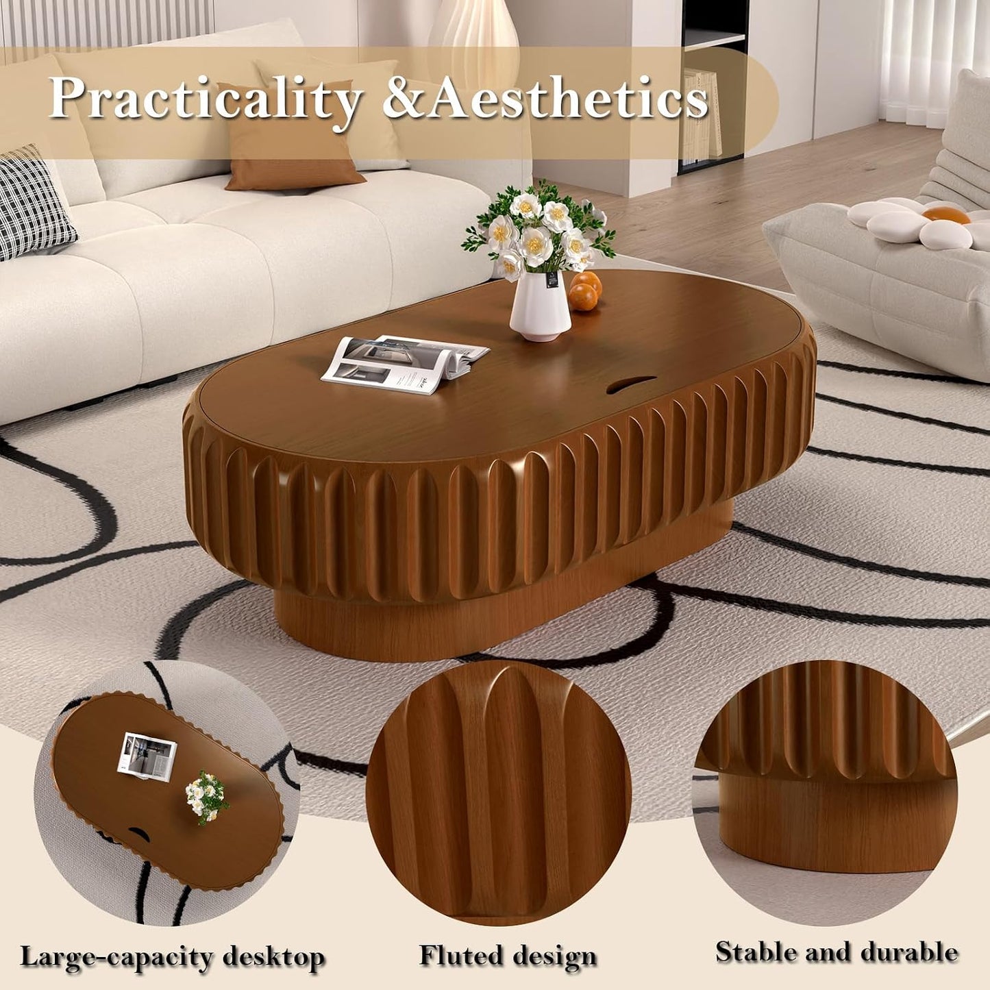 43.3" Oval Drum Fluted Coffee Table with Storage (O) | Mid-Century Modern, Easy Assembly, Sturdy Pedestal, Center Tables for Apartment Living Room