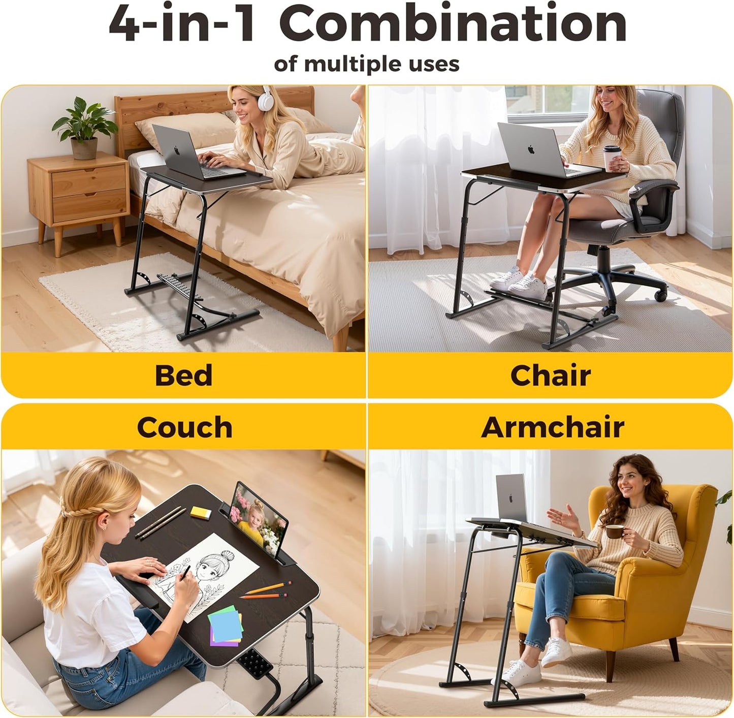 FoldWise Upgraded Folding TV Tray Table - Extra Large & Sturdy Laptop Table for Couch, Height & Angle Adjustable Desk for Dinner, Work & TV - Includes Footrest, Cup Holder, iPad Holder & Edge Stopper