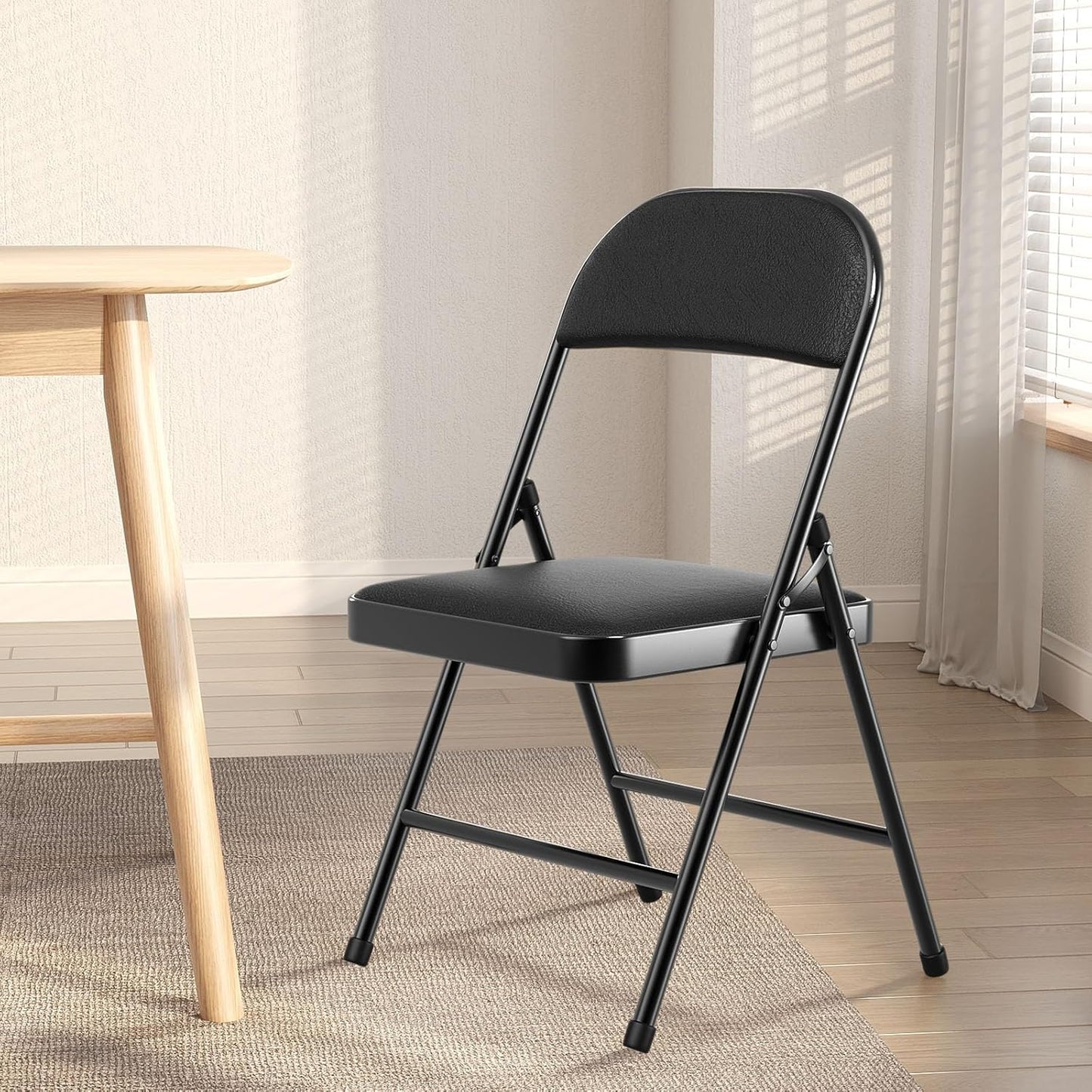 Nazhura 4 Pack Folding Chairs with Padded Vinyl Cushion Chairs with Comfortable Cushion and Durable Steel Frame for Home and Office, for Indoor and Outdoor Events (Black, Vinyl)