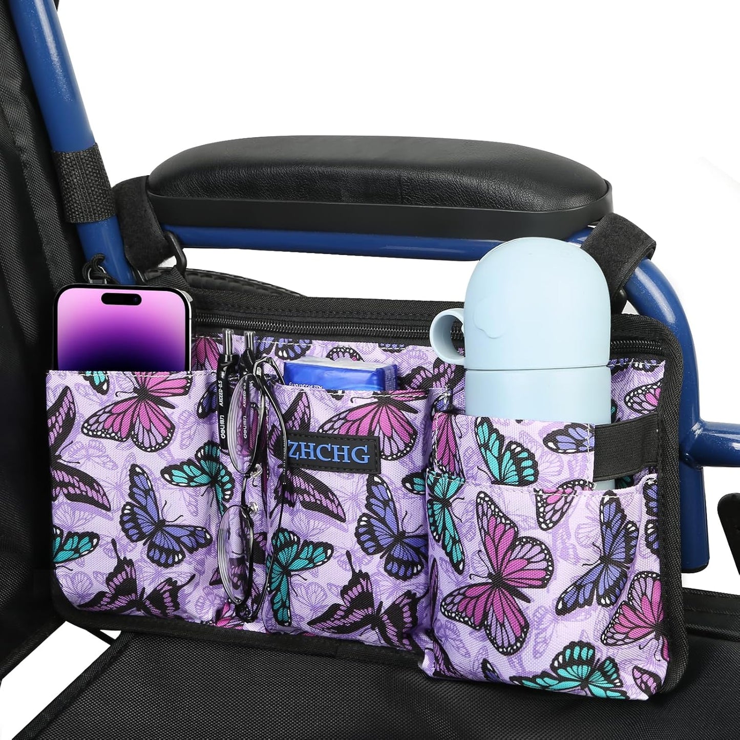 ZHCHG Wheelchair Side Bag with Cup Holder, Wheelchair Armrest Pouch Accessories for Walker, Rollator, Electric Scooter Wheelchairs, Ideal Gift for Mother's Day & Father's Day -Purple