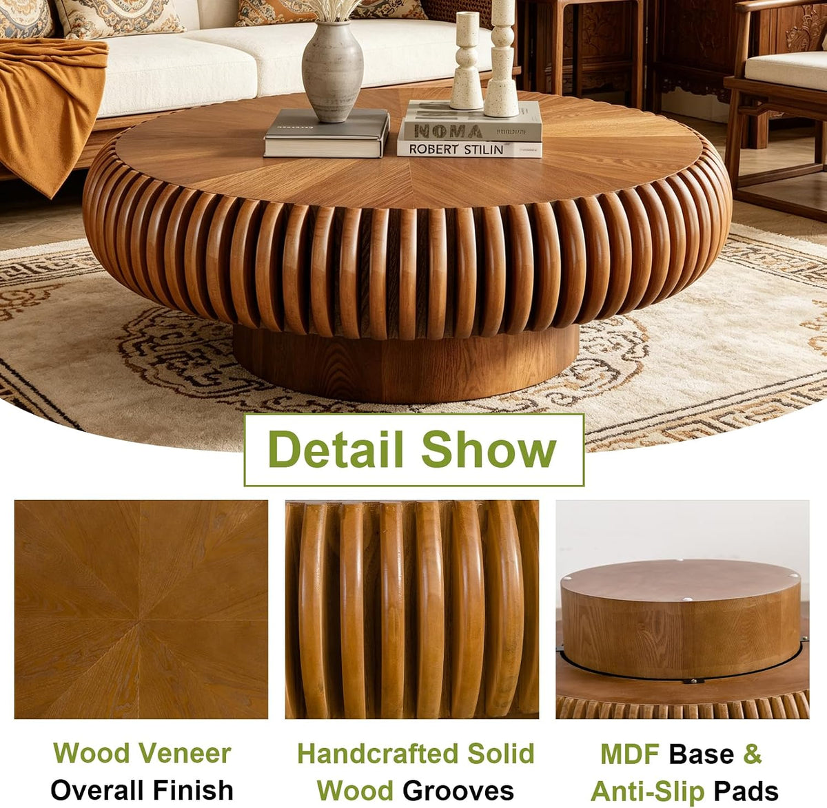 39 inch Brown Round Fluted Wood Drum Coffee Table (J, 1PC)