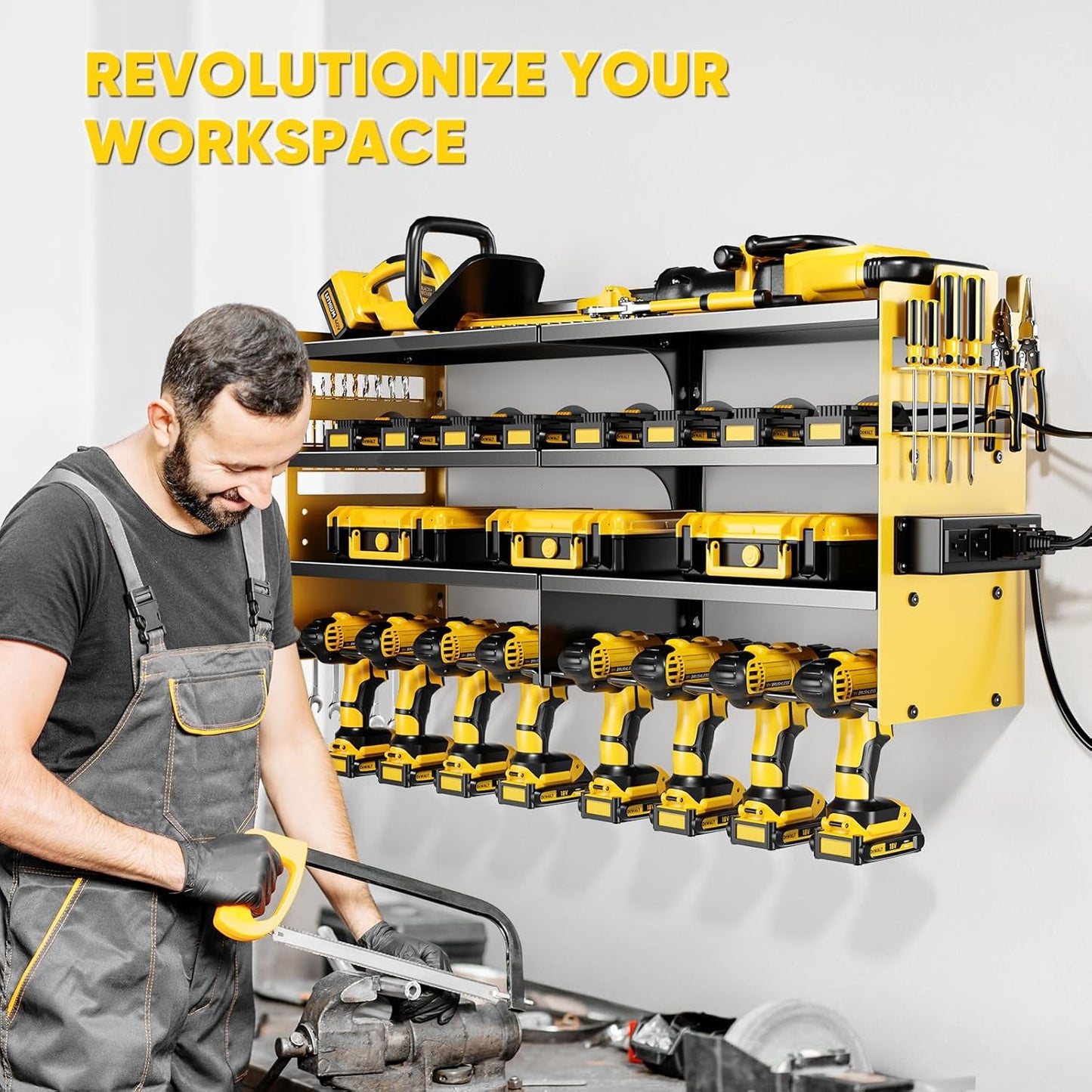 POKIPO Large Power Tool Organizer Wall Mount with Charging Station,4 Layer Heavy Duty Metal Storage Rack Loads 600lbs with 8 Cordless Drill Holder,Battery Utility Rack Gift for Garage workshops Room