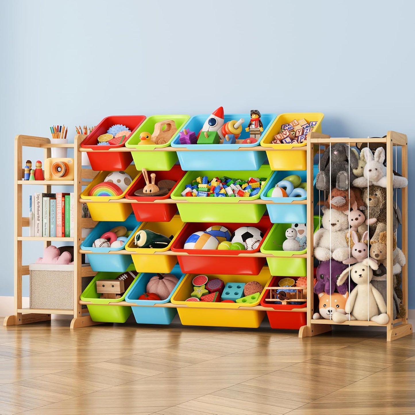 Toy Storage Organizer with Bookshelf and Stuffed Animal Storage - Kids Playroom Organization with Shelves and 12 Toy Bins - Toddler Living Room Toy Box for Lego - Nursery Bedroom Decor Essential