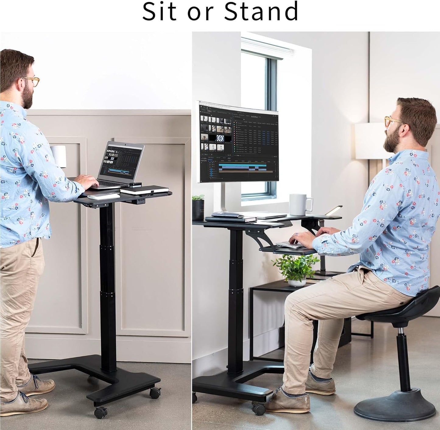 VIVO Black Electric Mobile Height Adjustable 36 inch Dual Platform Standing Desk with Wheels, Rolling Small Space Table, Sit Stand Workstation, DESK-V111VT