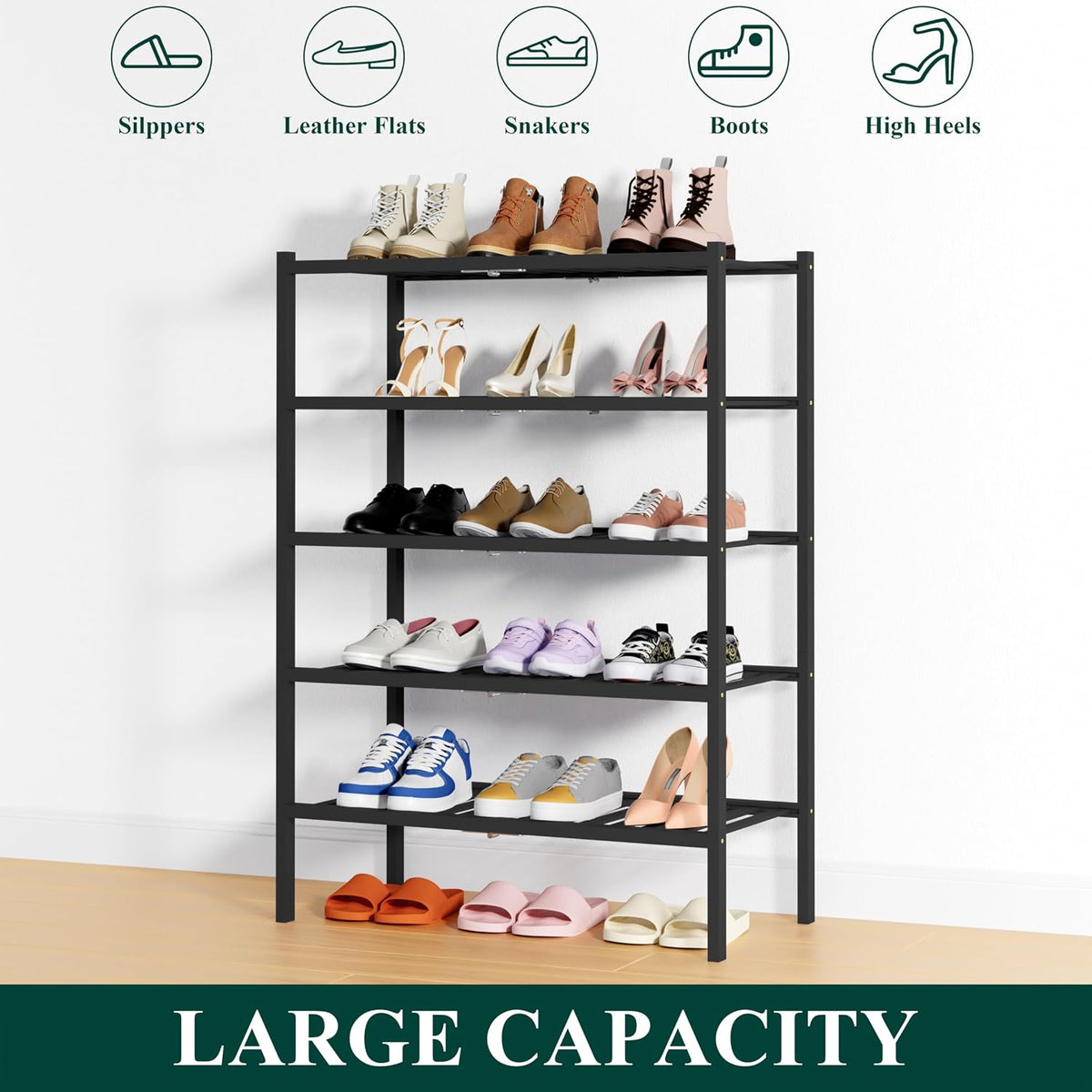 Smiry Bamboo Shoe Rack, 14 Vertical Slats, 5 Tier - 26.8" Wide, Black