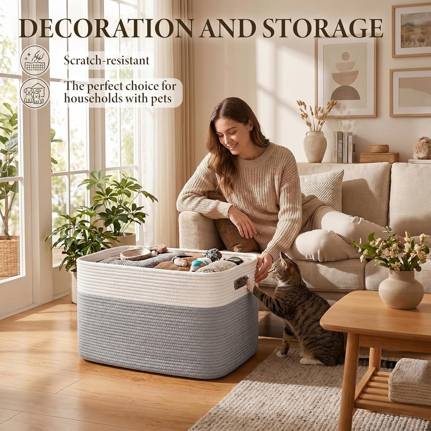 75L Large Cotton Rope Basket, Soft Toy Storage Bin for Nursery & Living Room, Decorative Blanket Basket for Bedroom, Baby-Safe Organizer for Pillows &Laundry, 22''×17''×12'', Grey and White