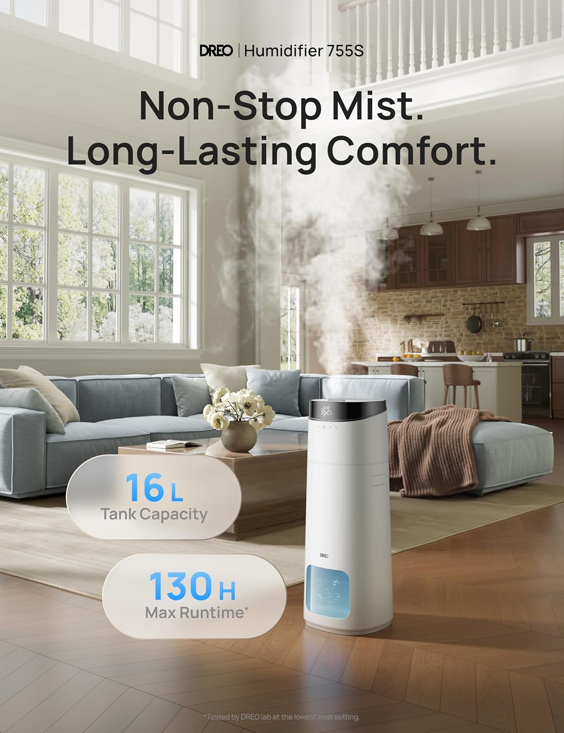 DREO 16L Smart Humidifier Large Room 1000 ft², 130H Cool Mist Air Humidifiers for Bedroom Plants Baby, Top Fill, Remote/Touch/Voice & APP Control, Clean Tank Technology, 30dB, RGB Light, HM755S White