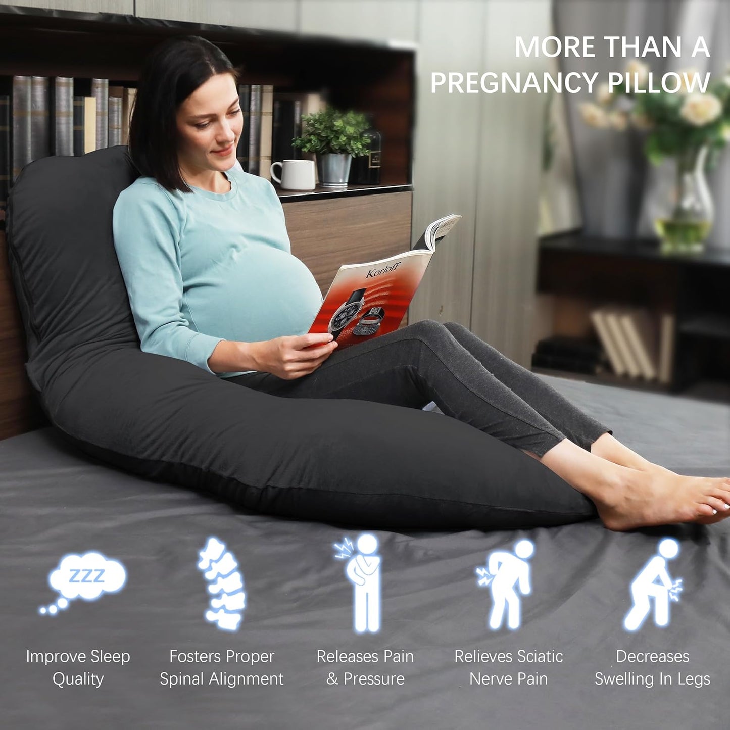 MOON PARK Pregnancy Pillows for Sleeping - U Shaped Full Body Maternity Pillow with Removable Cover - Support for Back, Legs, Belly, Hips - 57 Inch Pregnancy Pillow for Women - Black