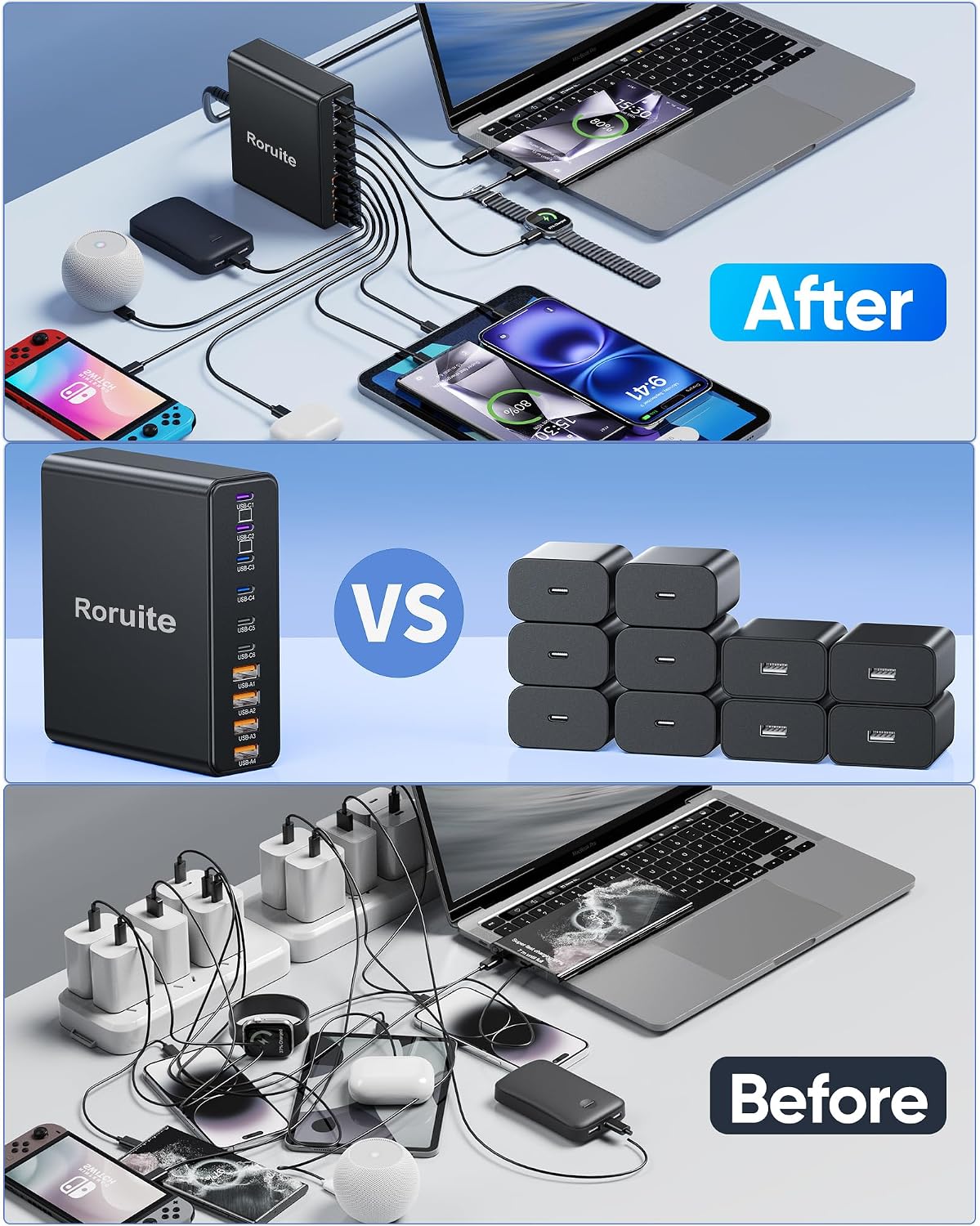 1000W USB C Charging Station, 120W PD GaN5 Super Fast USB C Charger Block | Roruite Type C for PC Laptop MacBook Pro/Air 10 Port Charger Compatible with iPhone 17 16 15 14 13 12 Pro Max, iPad, Galaxy