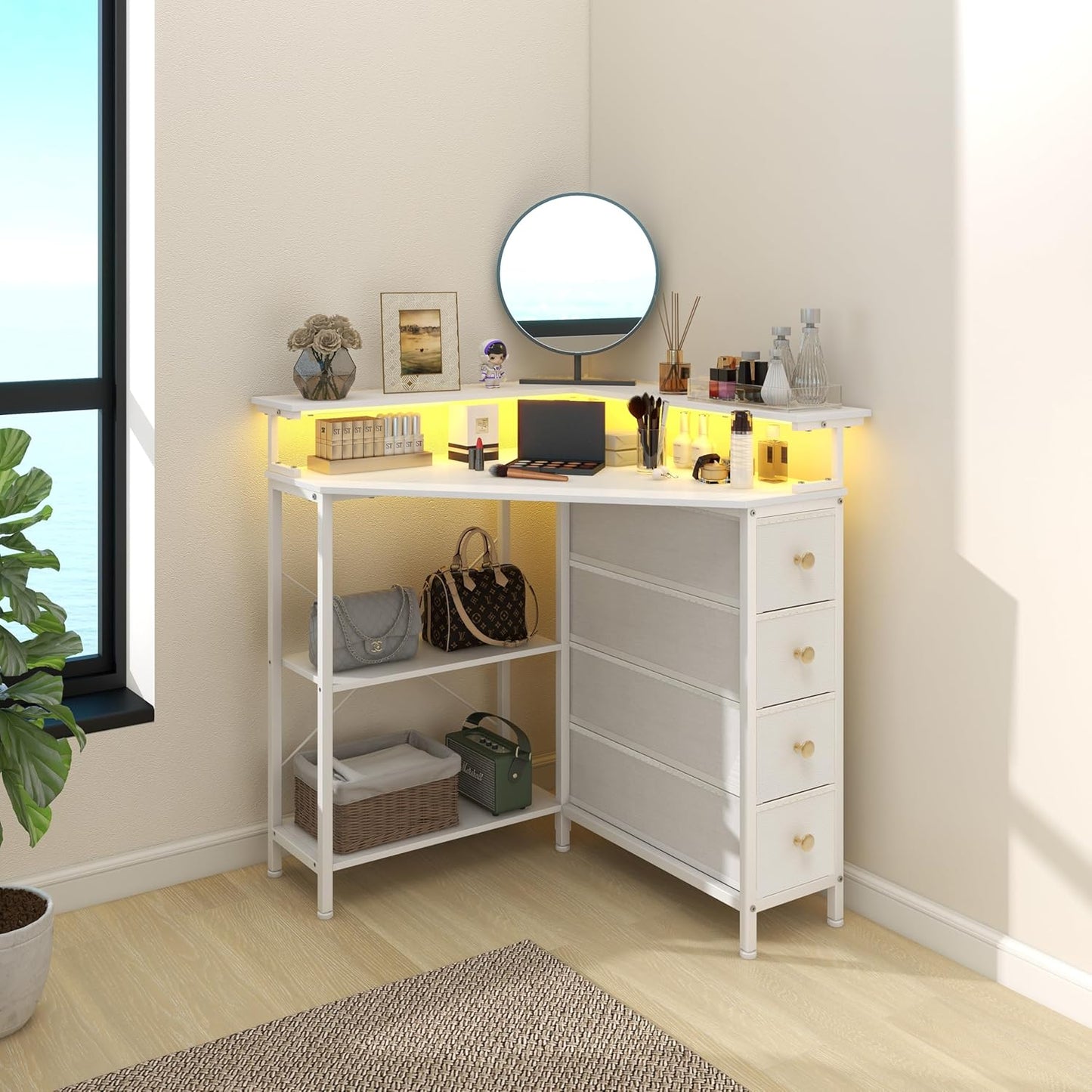 VENNQD Corner Desk with Drawers Shelves for Small Space 90 Degrees Triangle Computer Desk with Power Outlets,Gaming Desk with LED Lights Monitor Stand for Home Office Workstation Writing Table (White)