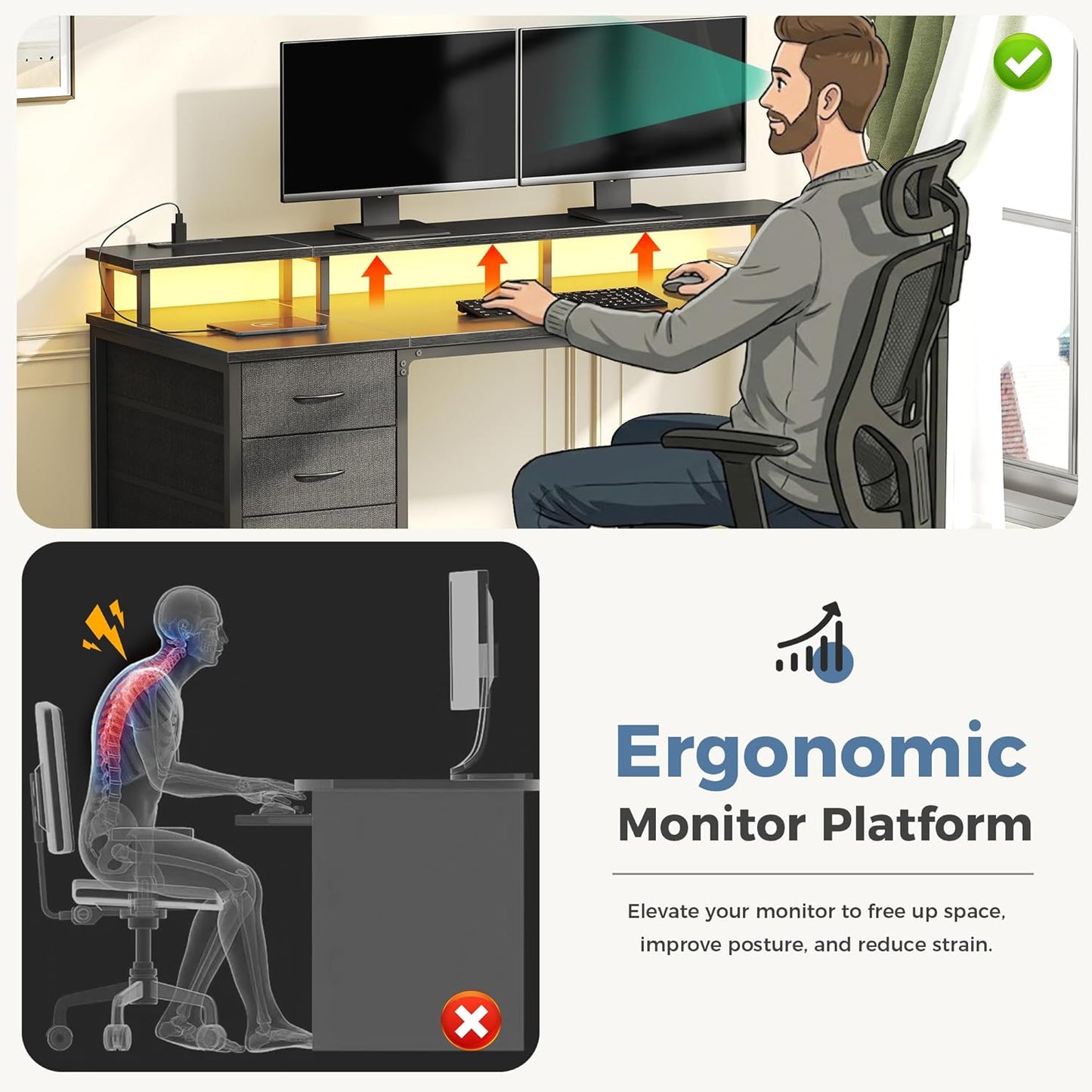 DUMOS 40 Inch Computer Desk with 4 Drawers,4 Drawer Gaming Desk with Power Outlets and LED Lights,Office Desk for Small Spaces with Monitor Shelf,Writing Desk for Home Office, Bedroom,Study,Black